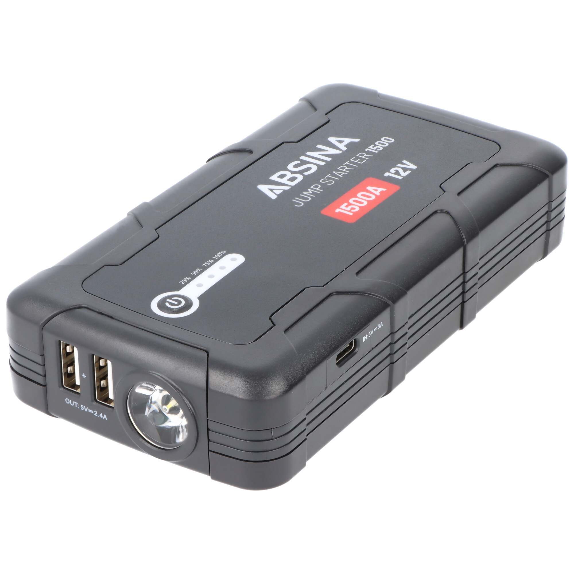 Schwarzer ABSINA 1500A 12V Starthilfegerät mit USB-Anschlüssen und Taschenlampe.