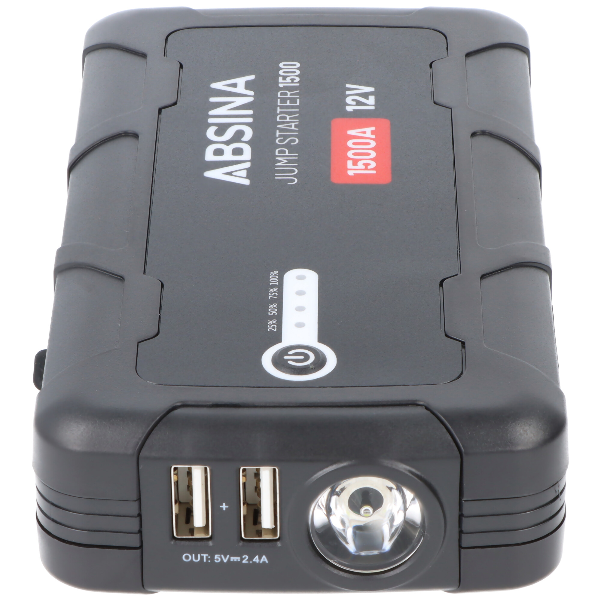 Schwarzer ABSINA 1500A 12V Sprungstarter mit USB-Anschlüssen und Lampe.