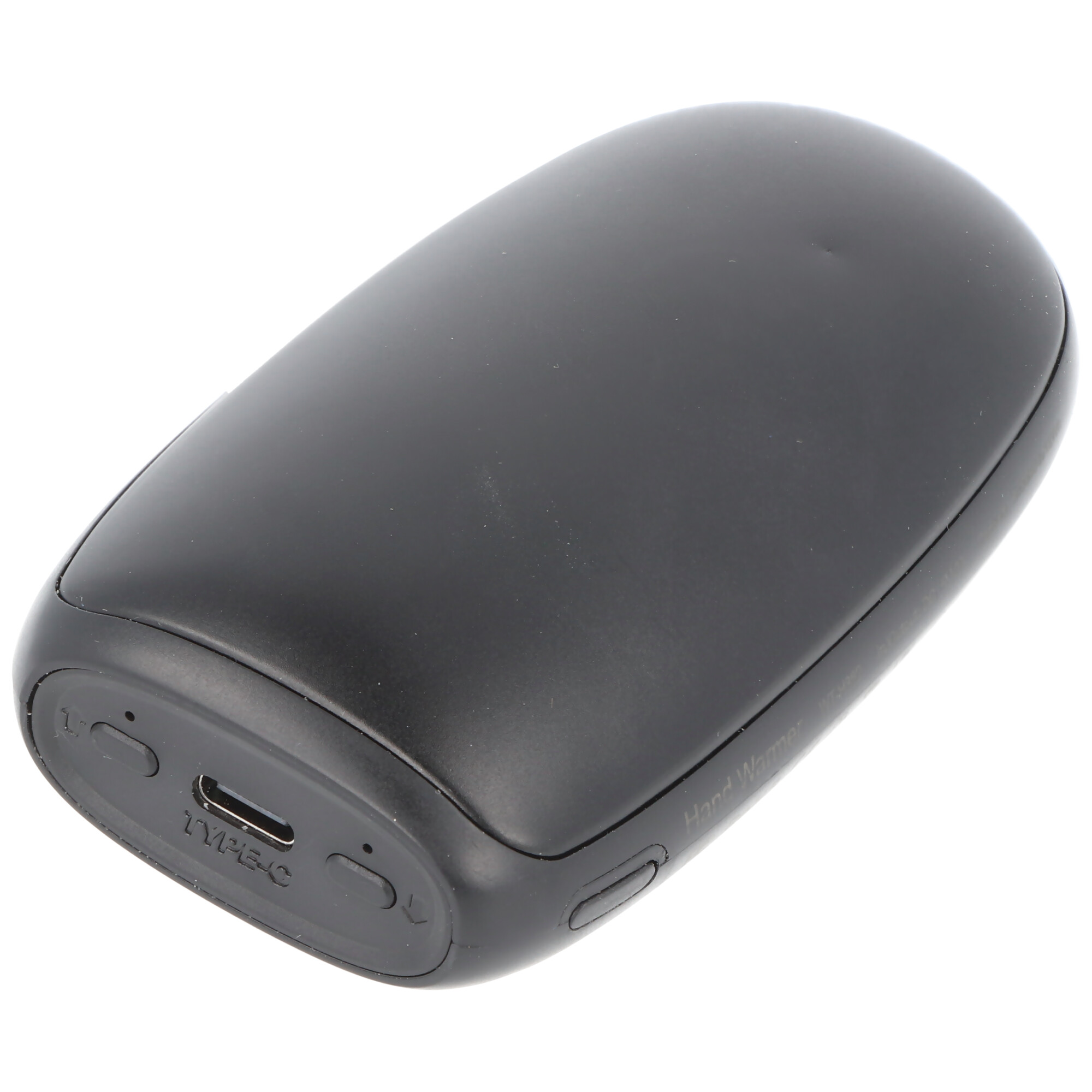 Schwarzes Handwärmer-Gerät mit USB-C-Anschluss und Knöpfen.