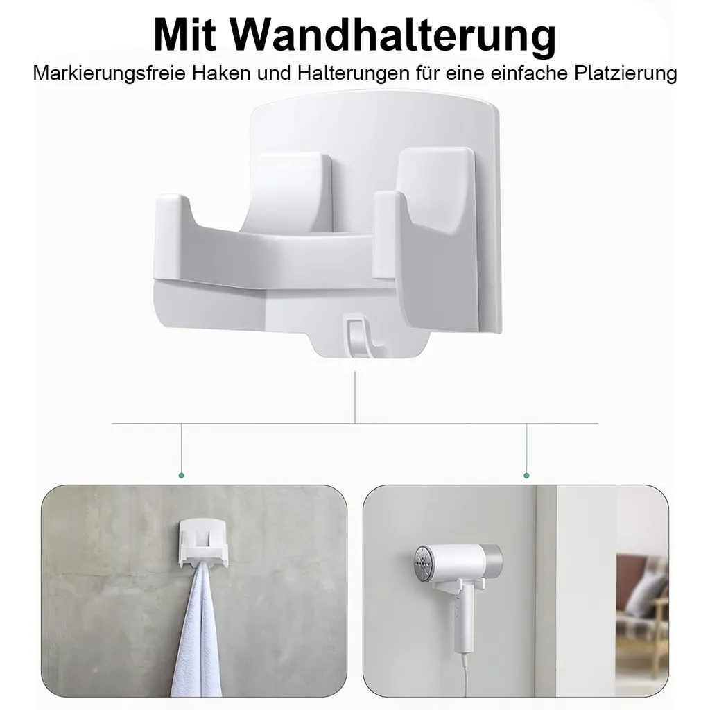 Weiße Wandhalterung für Haartrockner oder Handtücher, montiert an einer Wand.