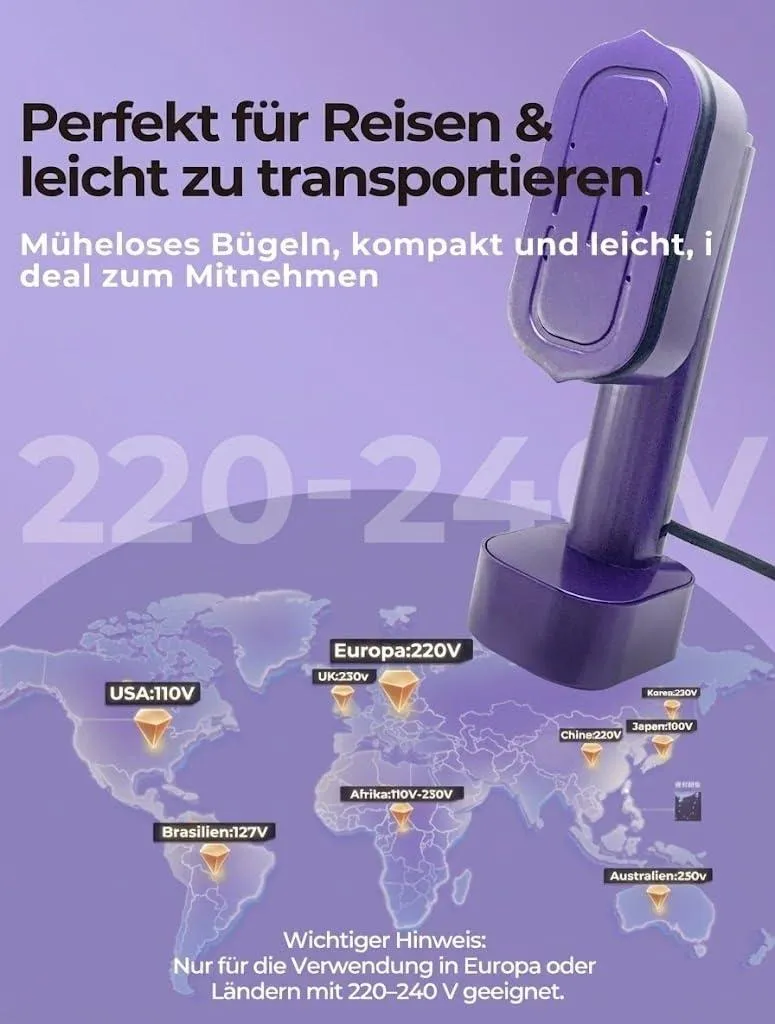 Lila Dampfbügeleisen auf einer Weltkarte mit Spannungsangaben.