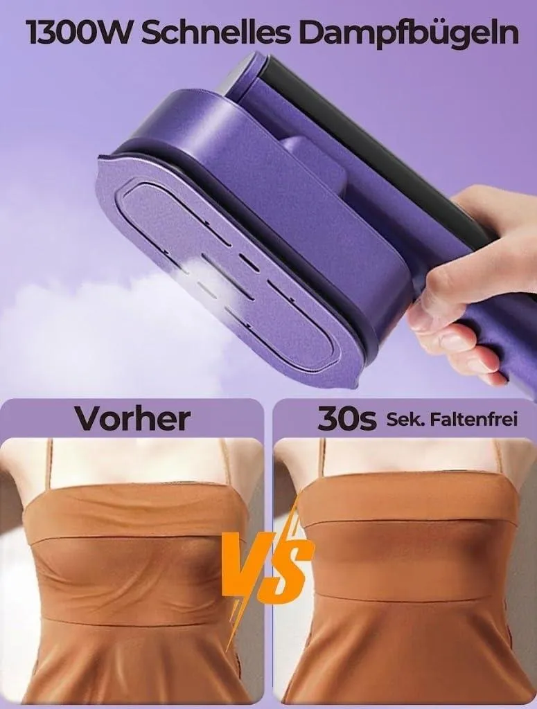 Lila Dampfbügeleisen glättet braunes Kleid. Vorher/Nachher-Vergleich.