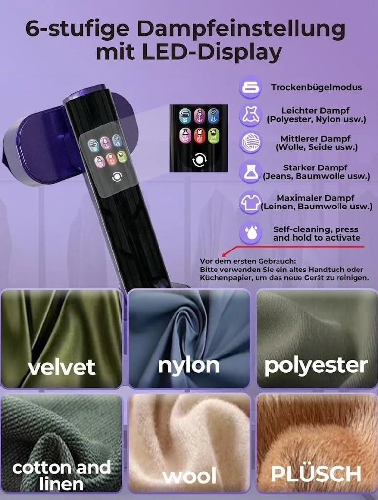 Dampfbügeleisen mit LED-Display, 6 Stufen. Zeigt Stoffe wie Samt, Nylon, Polyester, Baumwolle, Wolle, Plüsch.