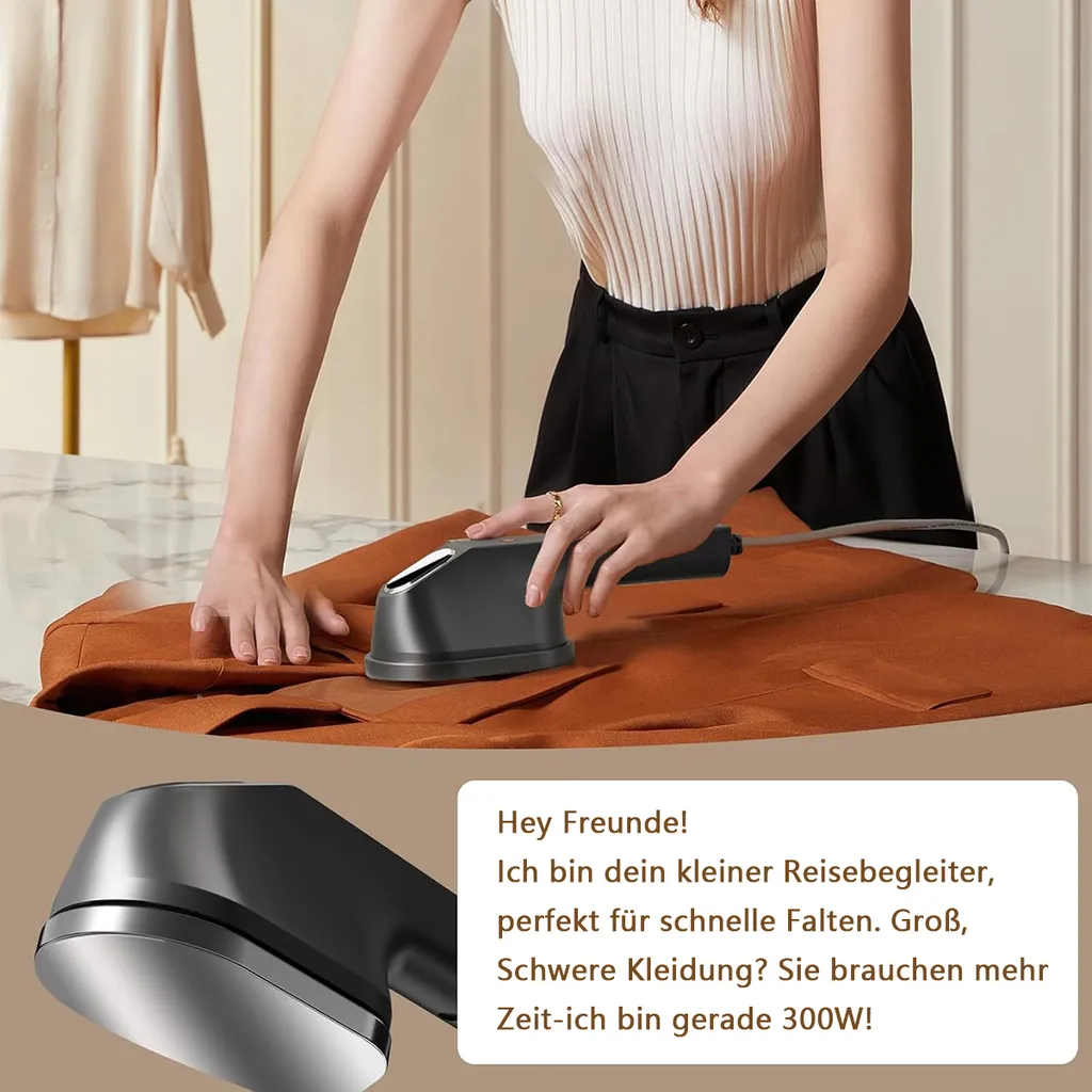Person bügelt orangefarbene Jacke mit kleinem, schwarzem Dampfbügeleisen.