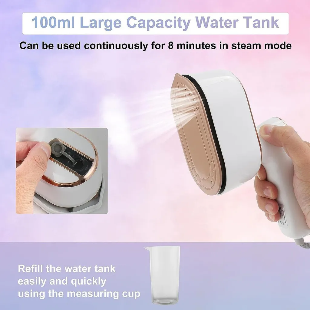 Ein Dampfbügeleisen mit großem Wassertank gibt Dampf ab. Ein Einsatz zeigt das Nachfüllen.