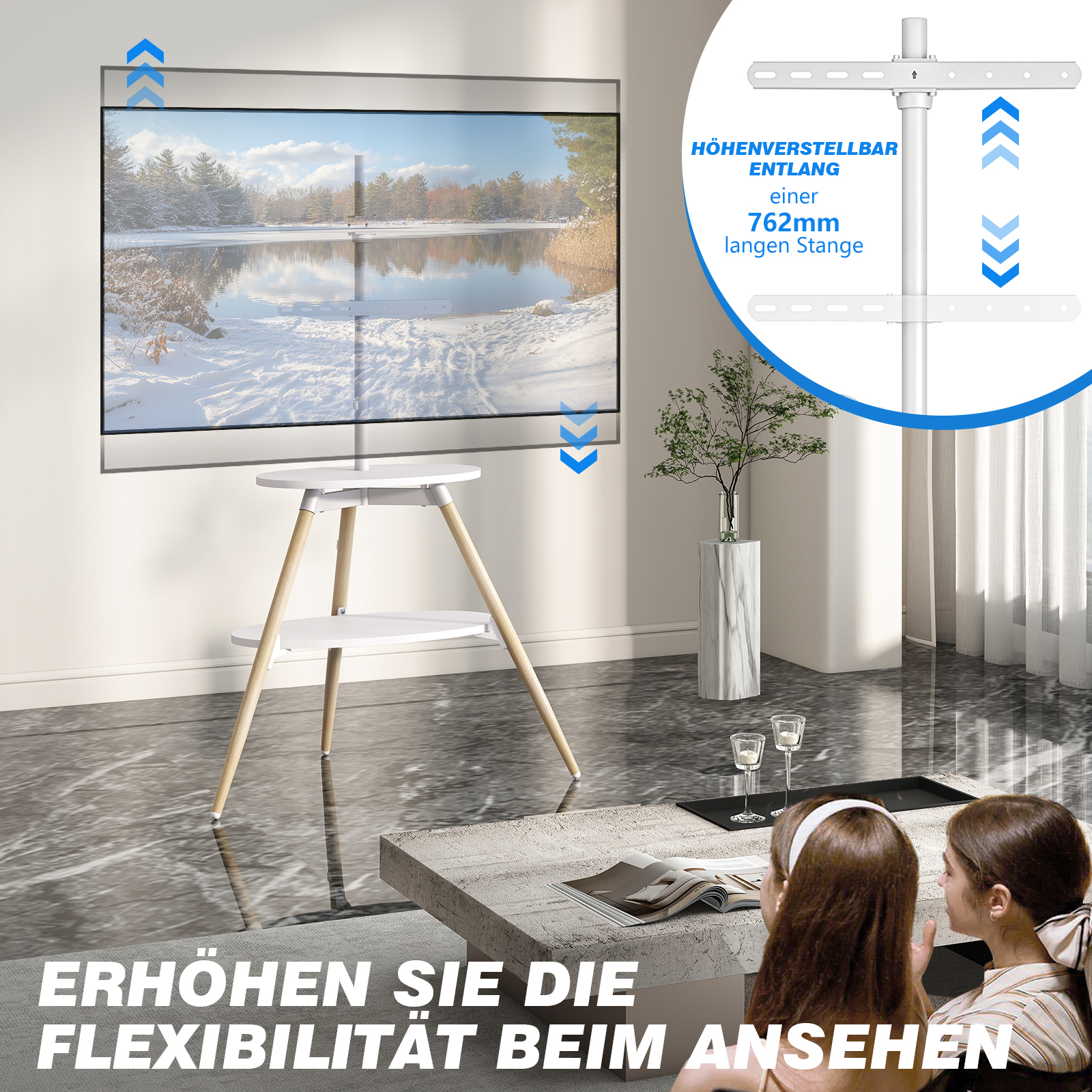 Ein moderner TV-Ständer mit einem Bildschirm, der eine Winterlandschaft zeigt.