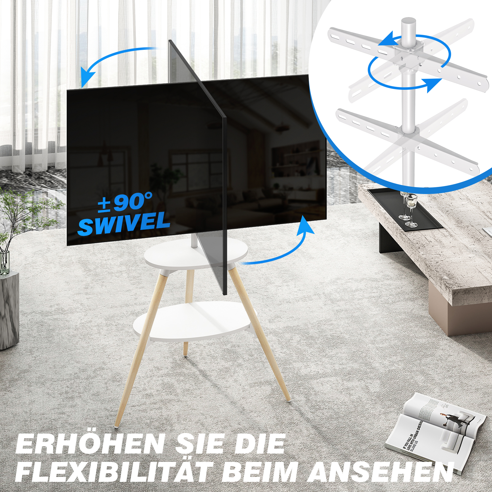 Ein Fernseher auf einem weißen Ständer mit Holzbeinen. Ein Pfeil zeigt auf ±90° Schwenkbarkeit.