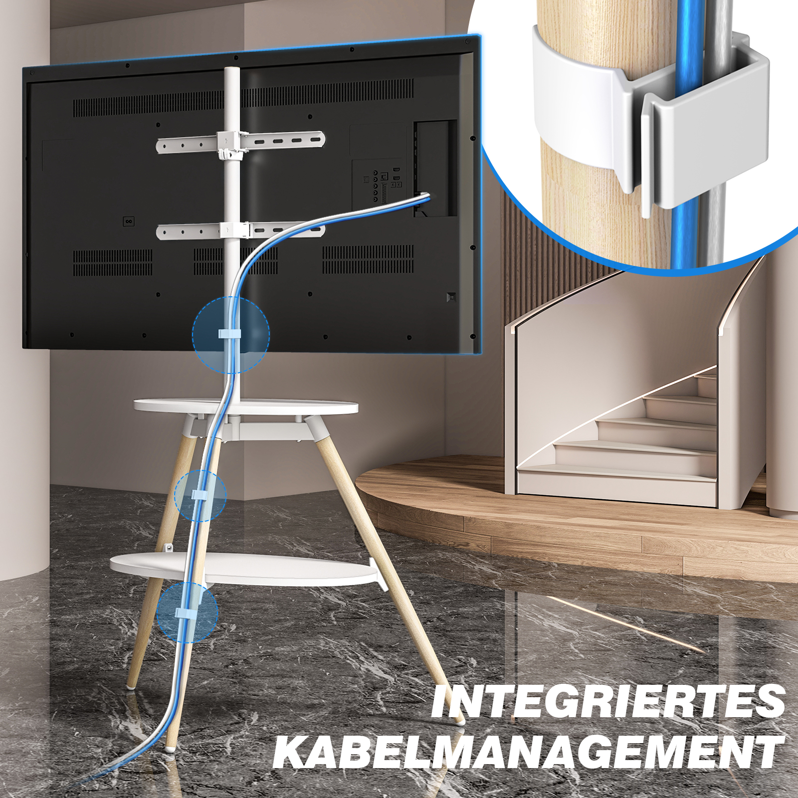 Ein Fernseher mit integriertem Kabelmanagement auf einem Ständer.