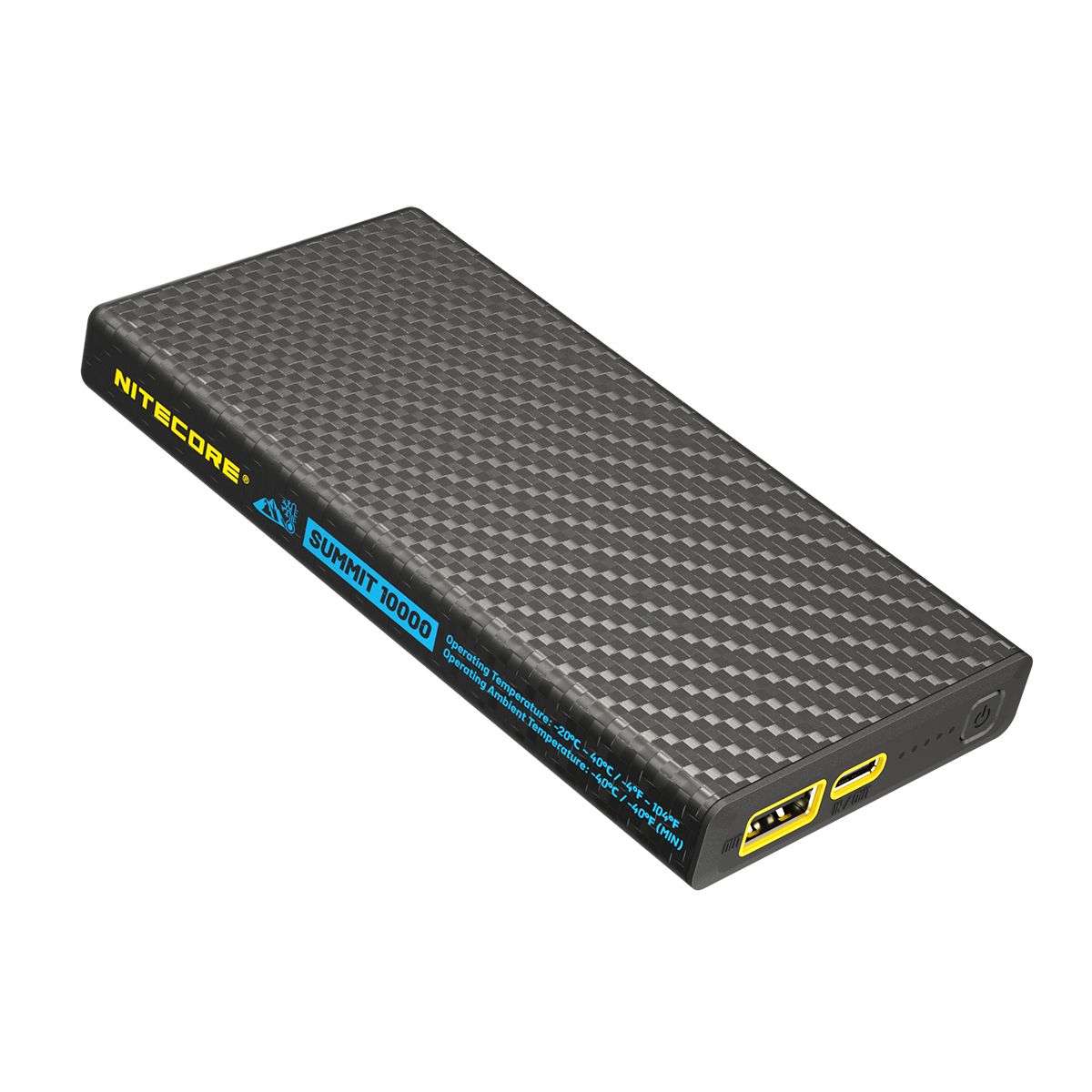 Ein schwarzes Nitecore Summit 10000 Powerbank mit Kohlefasertextur.