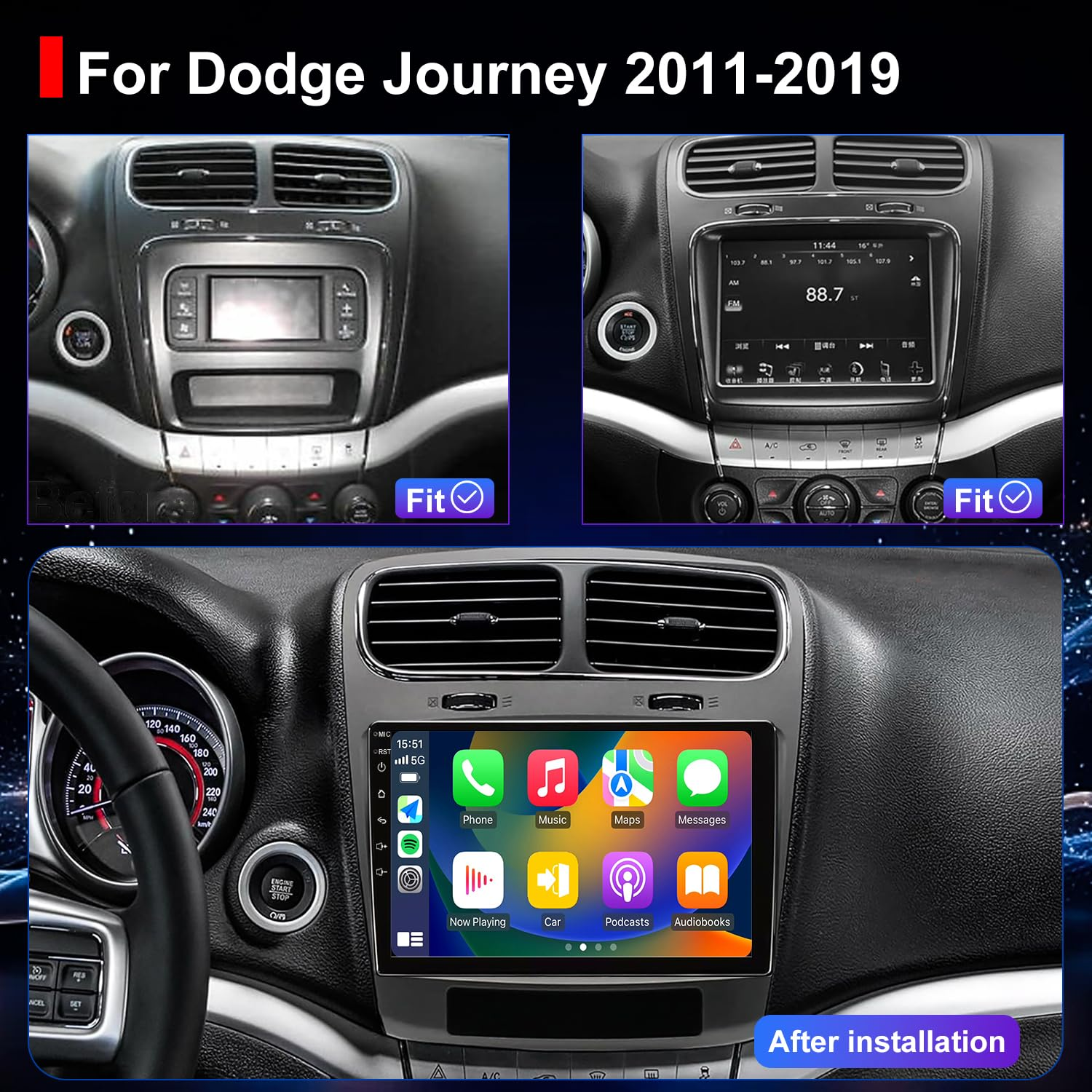 Cruscotto auto Dodge Journey prima e dopo l'installazione di un nuovo touchscreen.