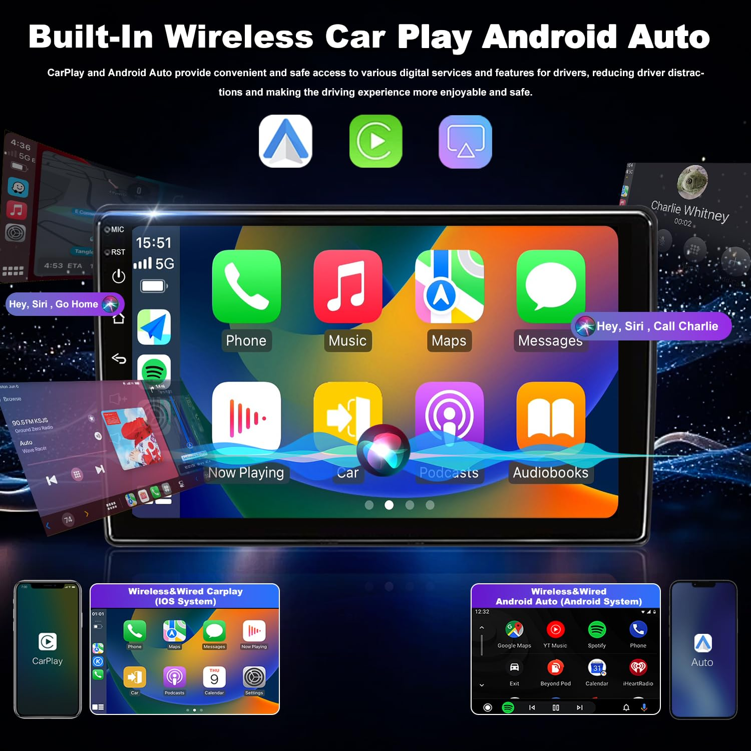 Interfacce CarPlay e Android Auto visualizzate su schermo auto e due telefoni.