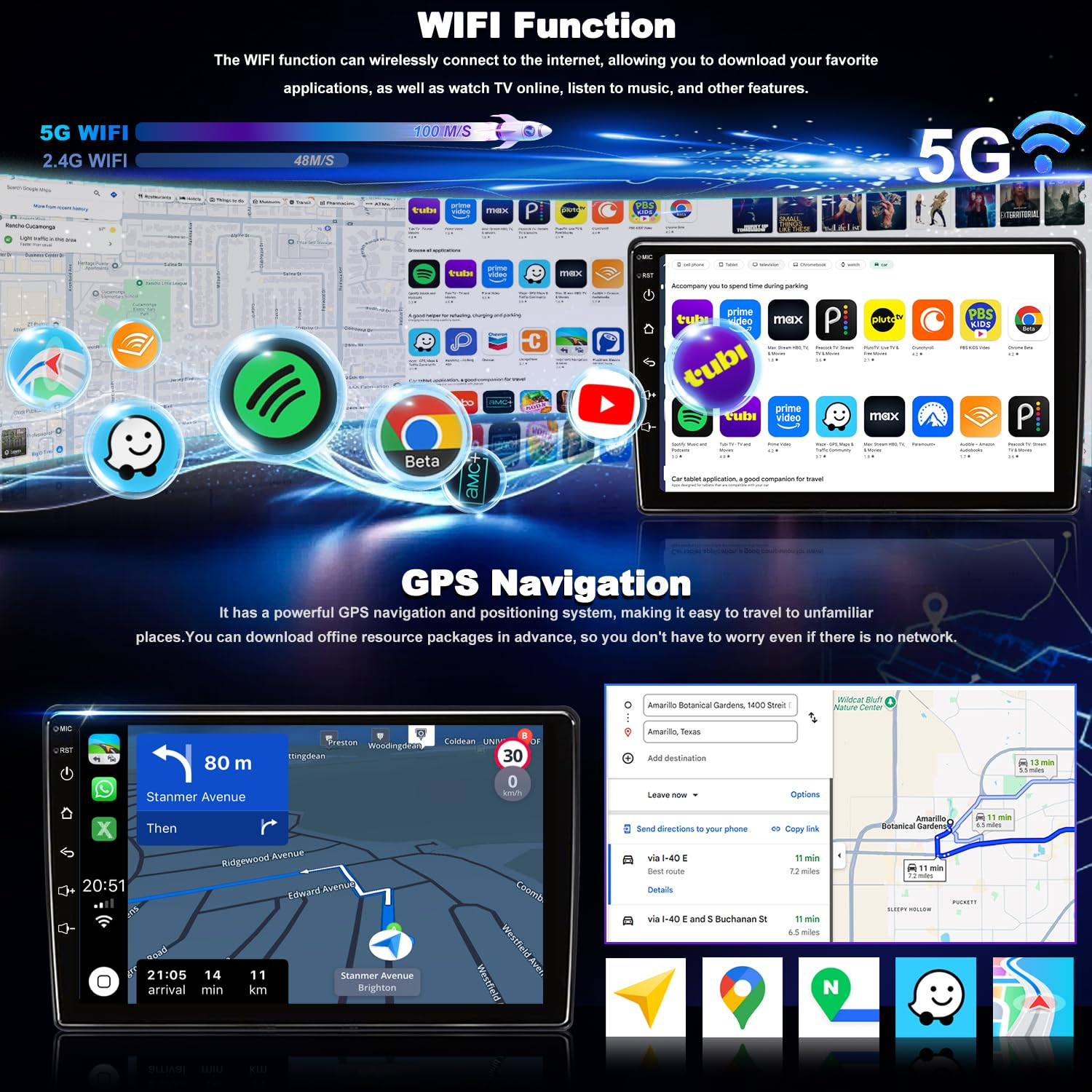 Uno schermo digitale mostra un'interfaccia utente con funzioni Wi-Fi e GPS, icone di app e mappe.