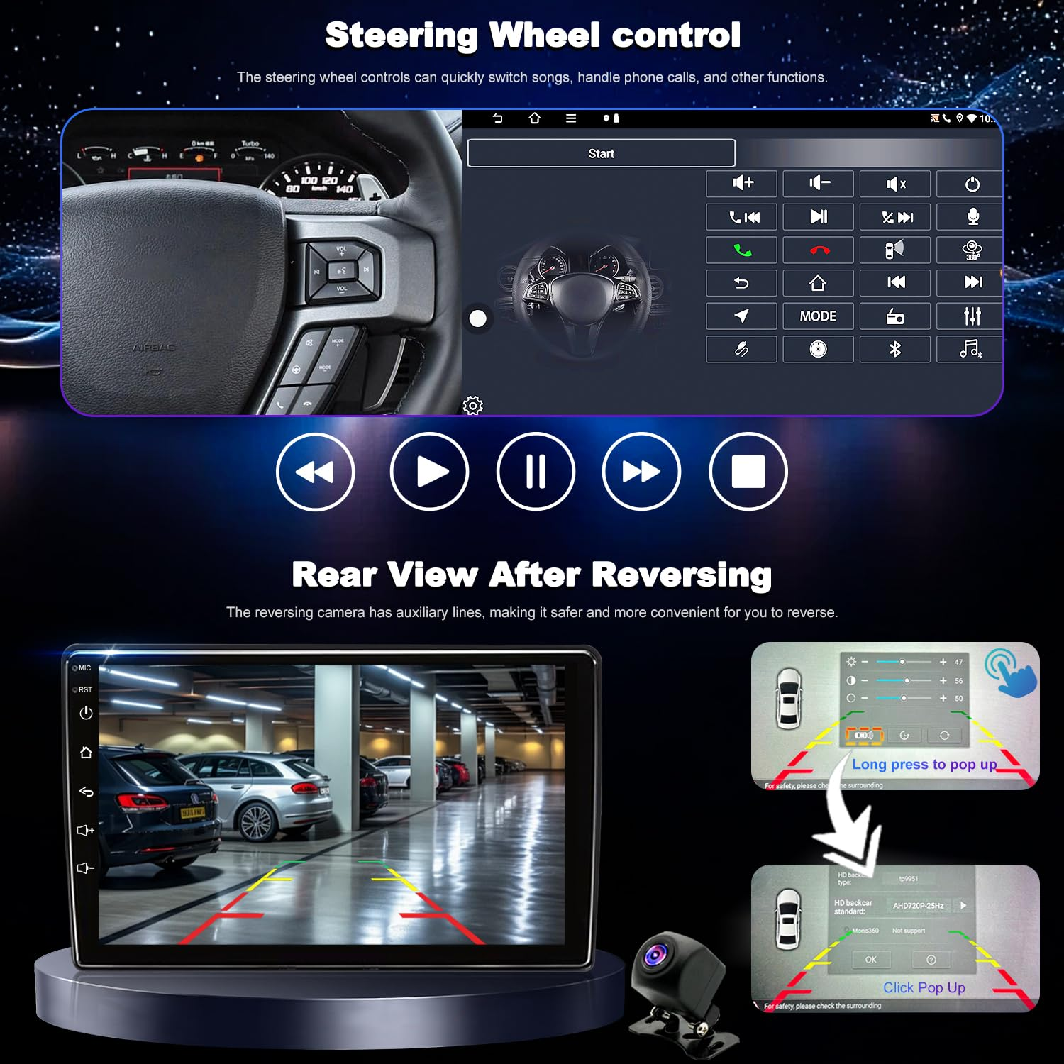 Lo schermo mostra i controlli del volante e la vista della telecamera posteriore con opzioni.