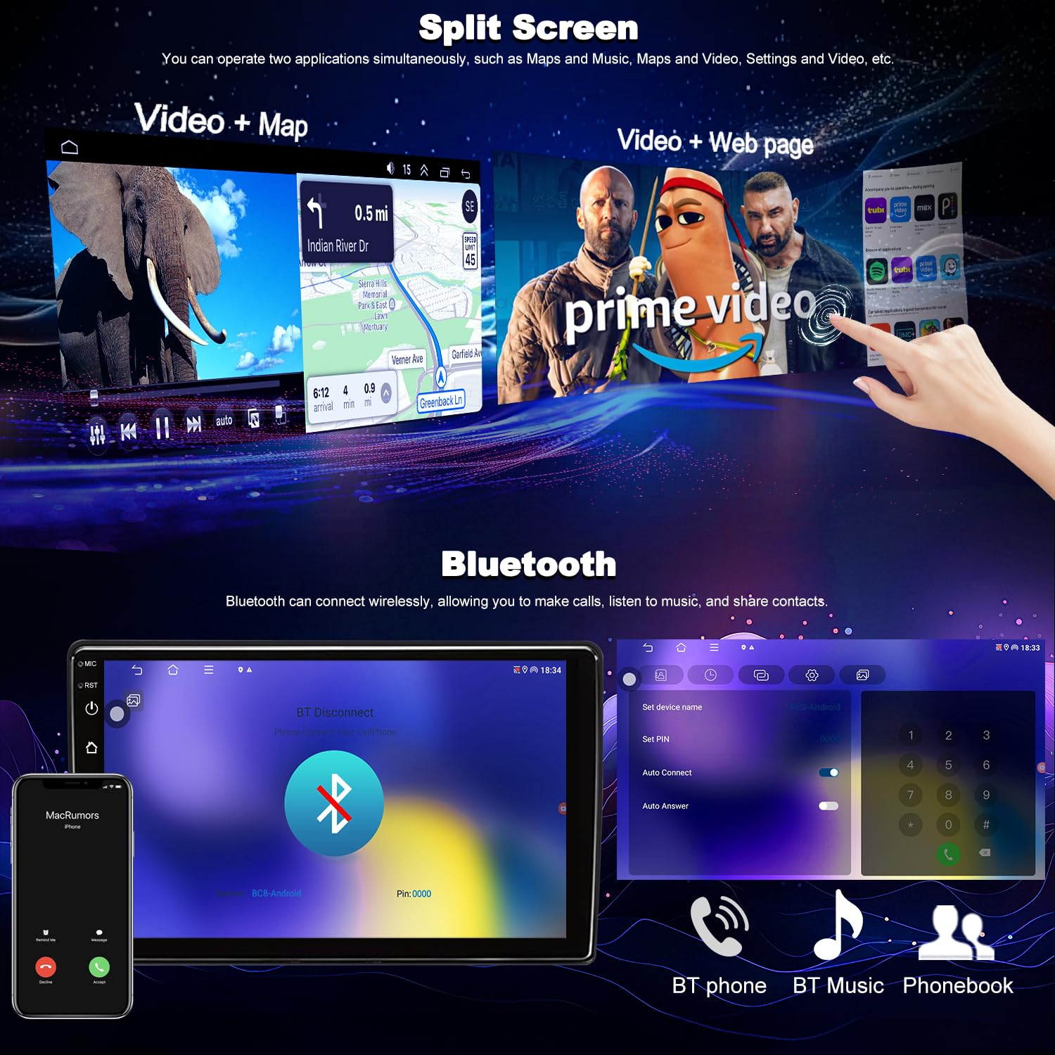Schermo diviso: video con elefante e mappa, video con 'Prime Video' e pagine web.