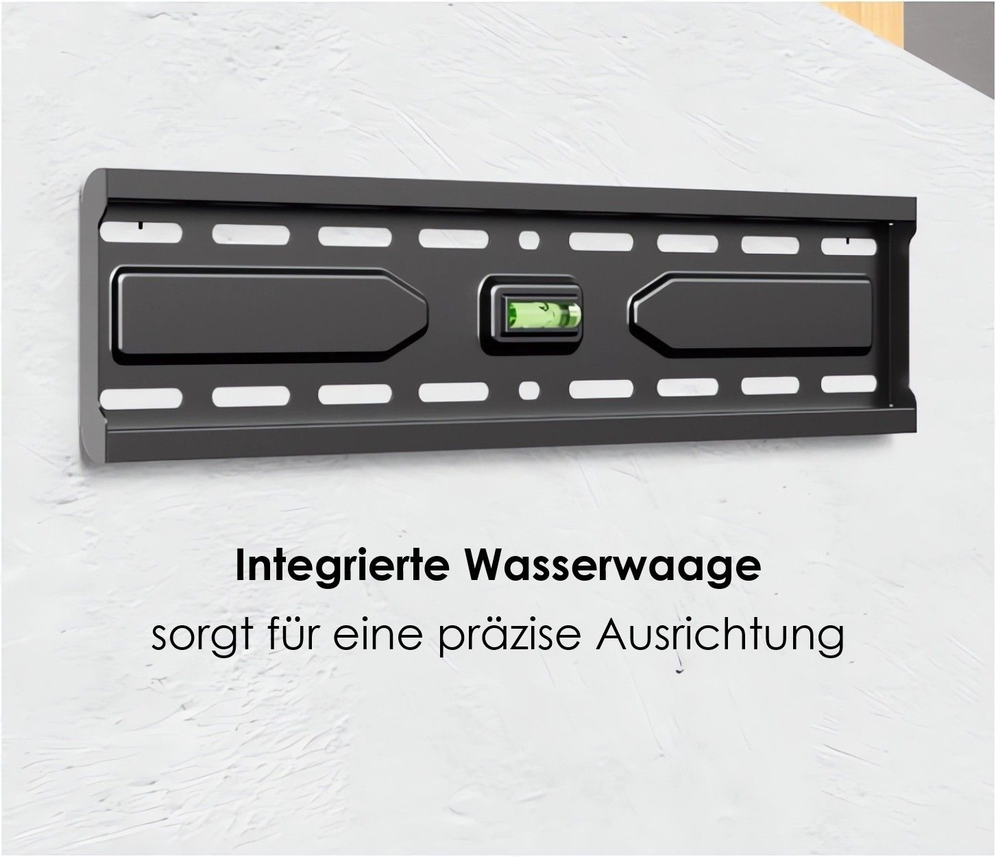 Schwarze Wandhalterung mit integrierter Wasserwaage für präzise Ausrichtung.