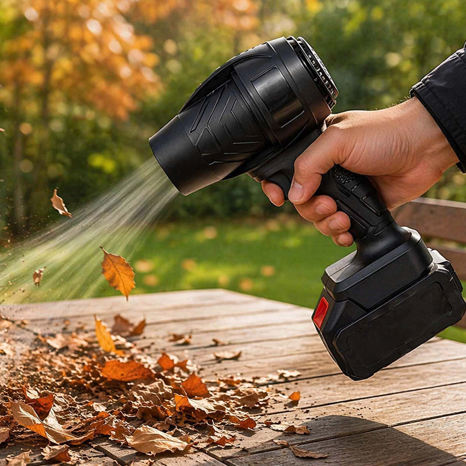 Hand hält schwarzen Laubbläser, der Blätter auf Holztisch bläst.