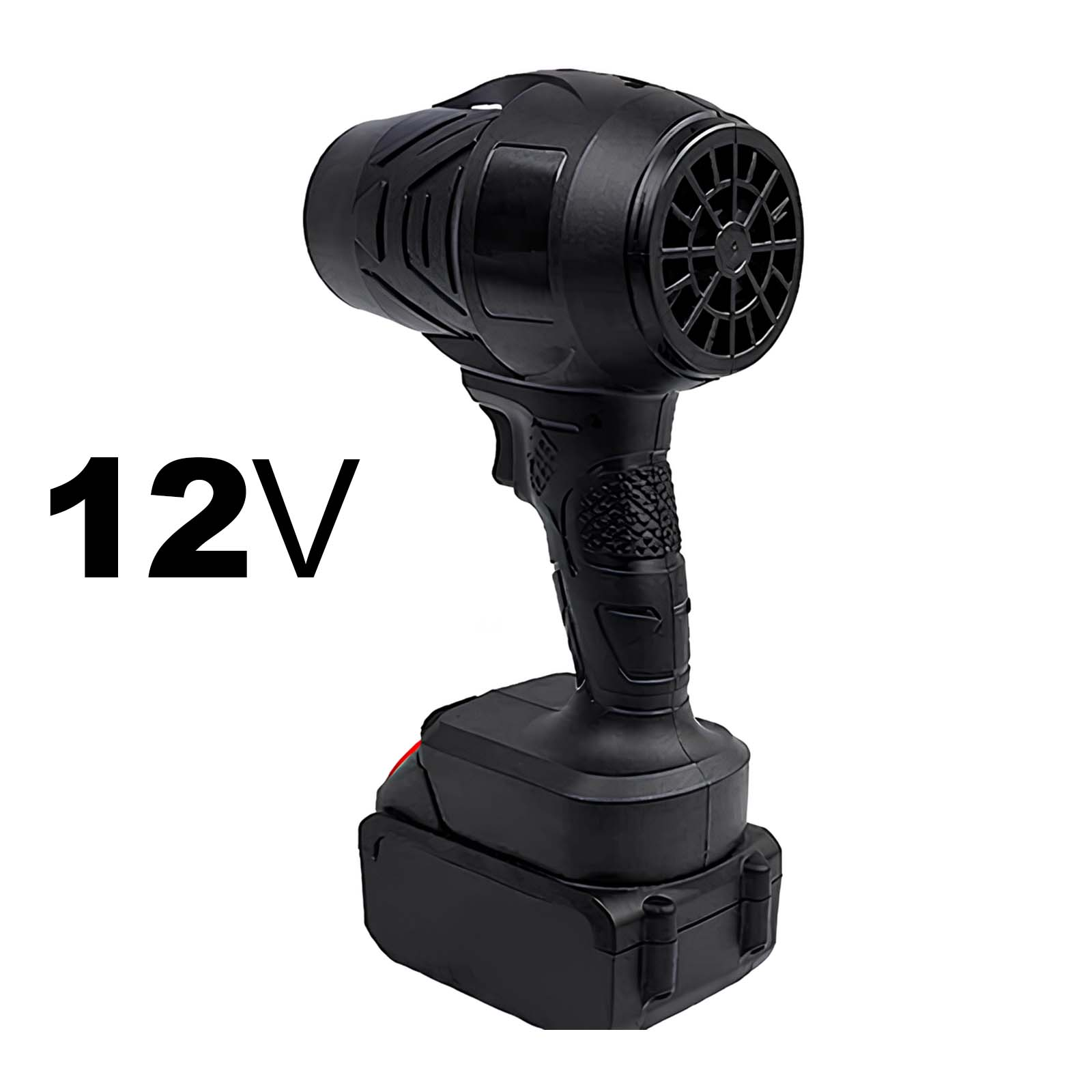 Schwarzer 12V-Luftkompressor mit Akku, auf weißem Hintergrund.