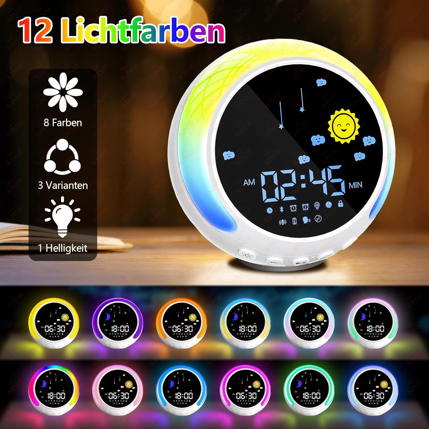 Ein digitaler Wecker mit 12 Lichtfarben, 8 Farben, 3 Varianten und 1 Helligkeit.
