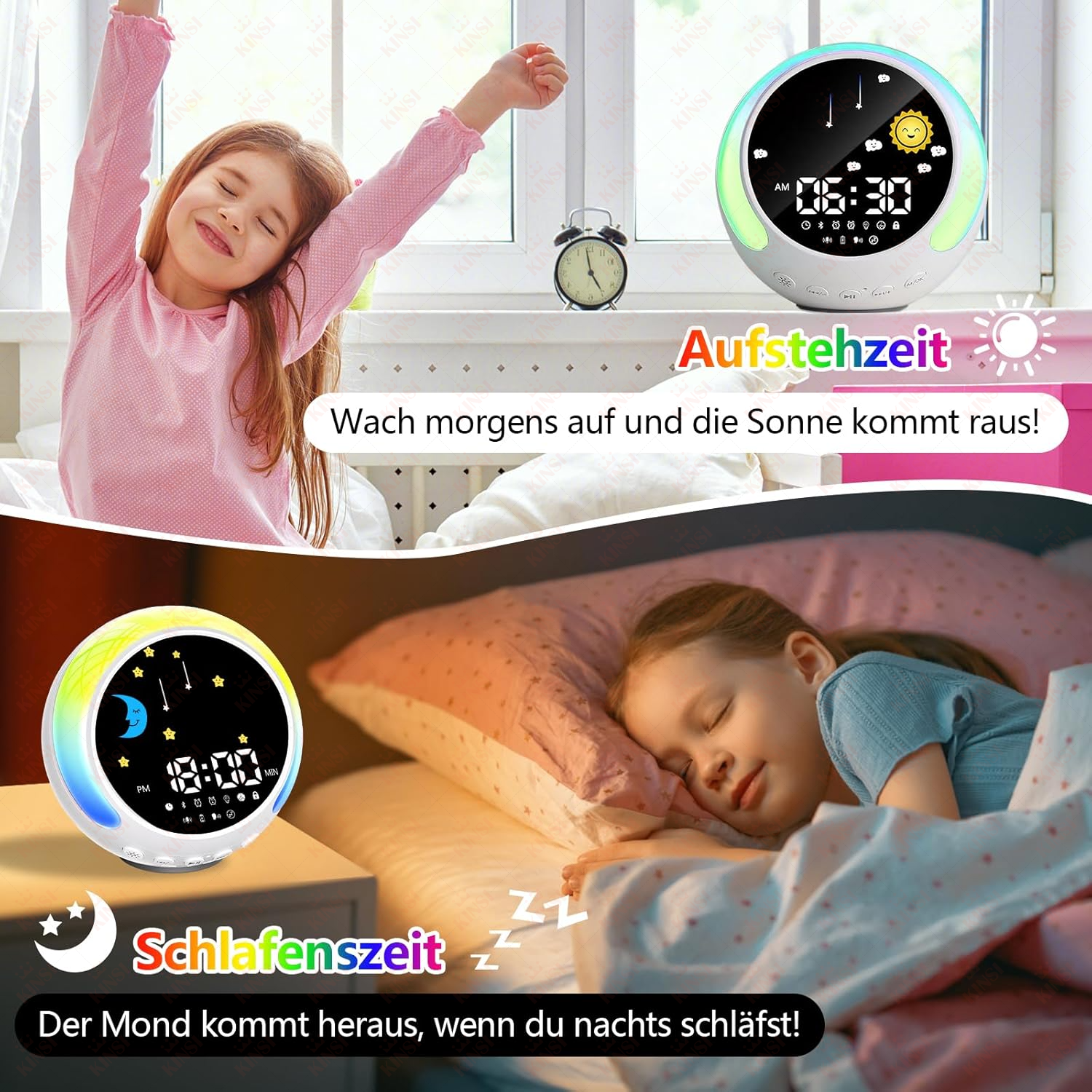 Morgen und Nacht: Ein Mädchen wacht auf, ein anderes schläft. Lichtwecker zeigen Sonne und Mond.