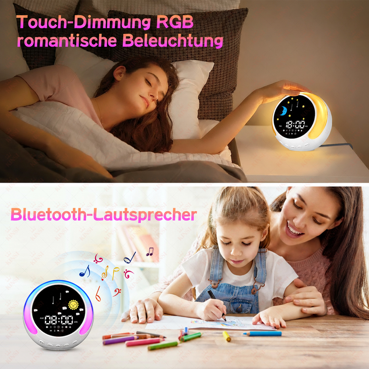 Frau schläft, neben Wecker; Mutter und Kind malen, neben Wecker mit Musiknoten.