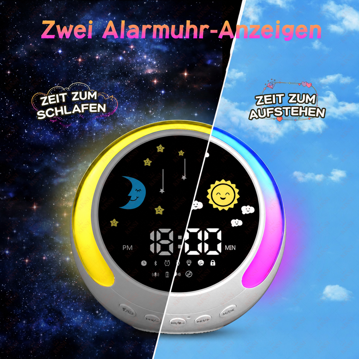 Ein Wecker mit Sternenhimmel und Wolken, zeigt Schlafens- und Aufstehzeit.