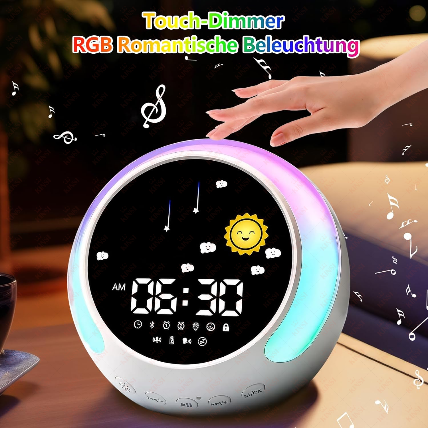 Ein digitaler Wecker mit RGB-Beleuchtung und Touch-Dimmer zeigt 06:30 an.