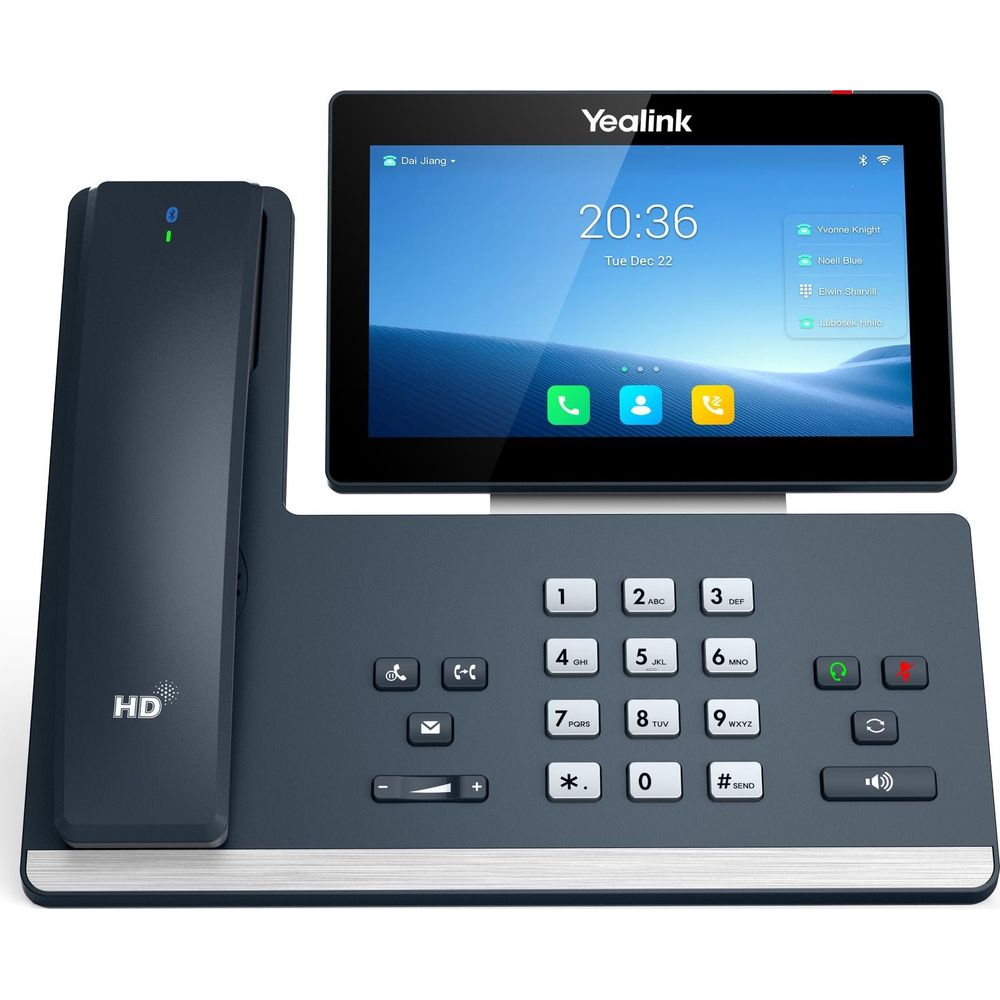 Ein modernes Yealink Tischtelefon mit HD-Hörer, Touchscreen und Zifferntastatur.