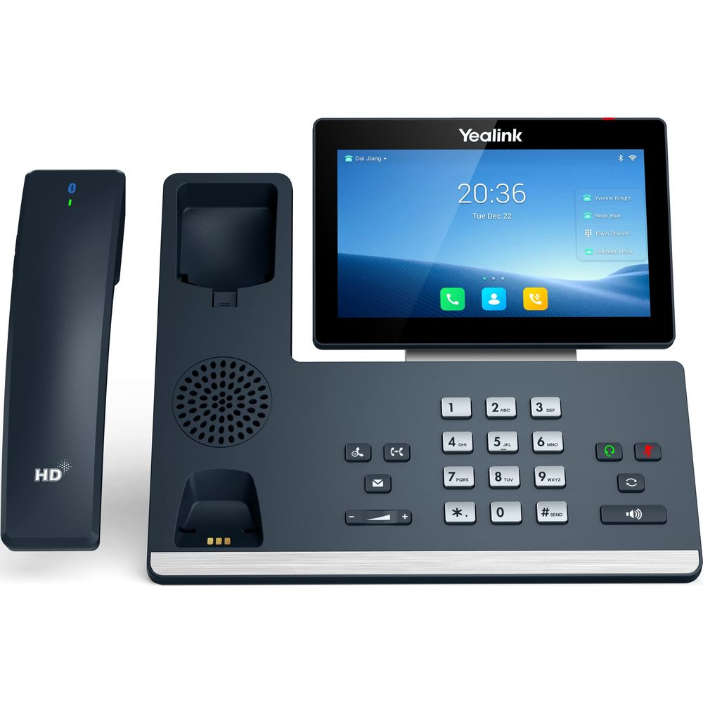 Ein Yealink Tischtelefon mit Touchscreen, Tastatur und abnehmbarem Hörer.