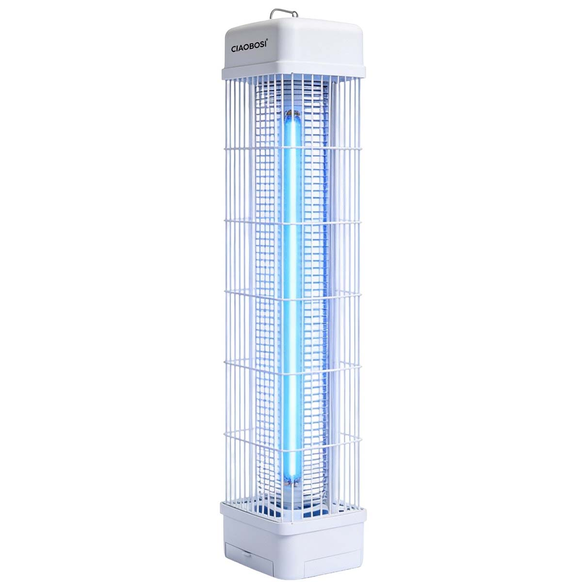 Ein weißer, aufrechter Insektenvernichter mit blauer UV-Lampe und Gitterkäfig.