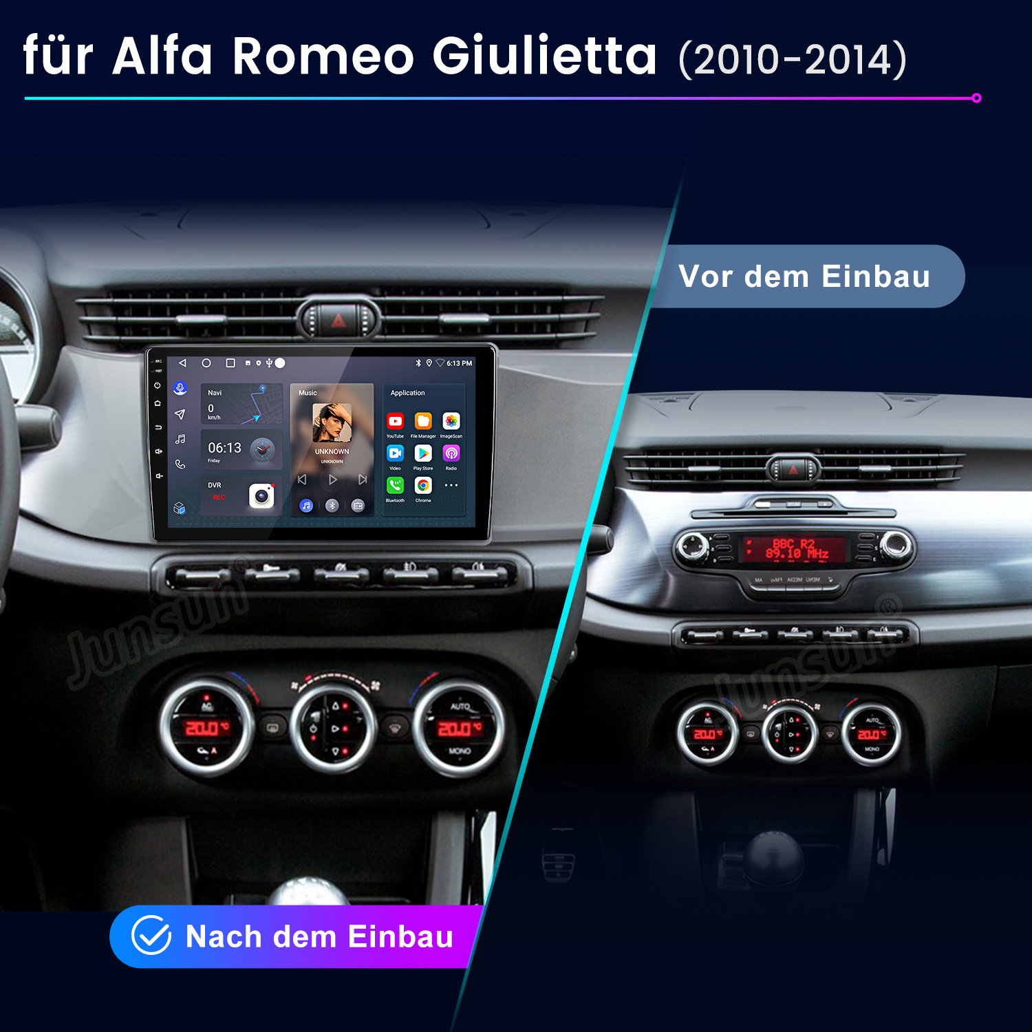 Vergleich: Alfa Romeo Giulietta Innenraum vor und nach Einbau eines neuen Infotainmentsystems.