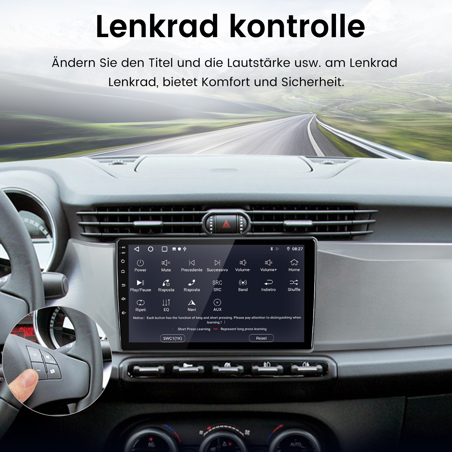 Autoinnenraum mit Lenkradbedienung und Infotainment-Bildschirm.