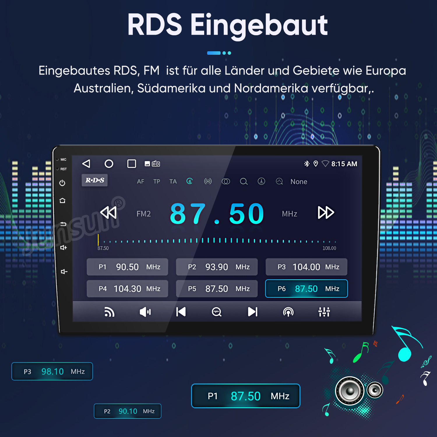 RDS-Einbau-Radio mit Senderfrequenzanzeige 87.50 MHz und gespeicherten Sendern.