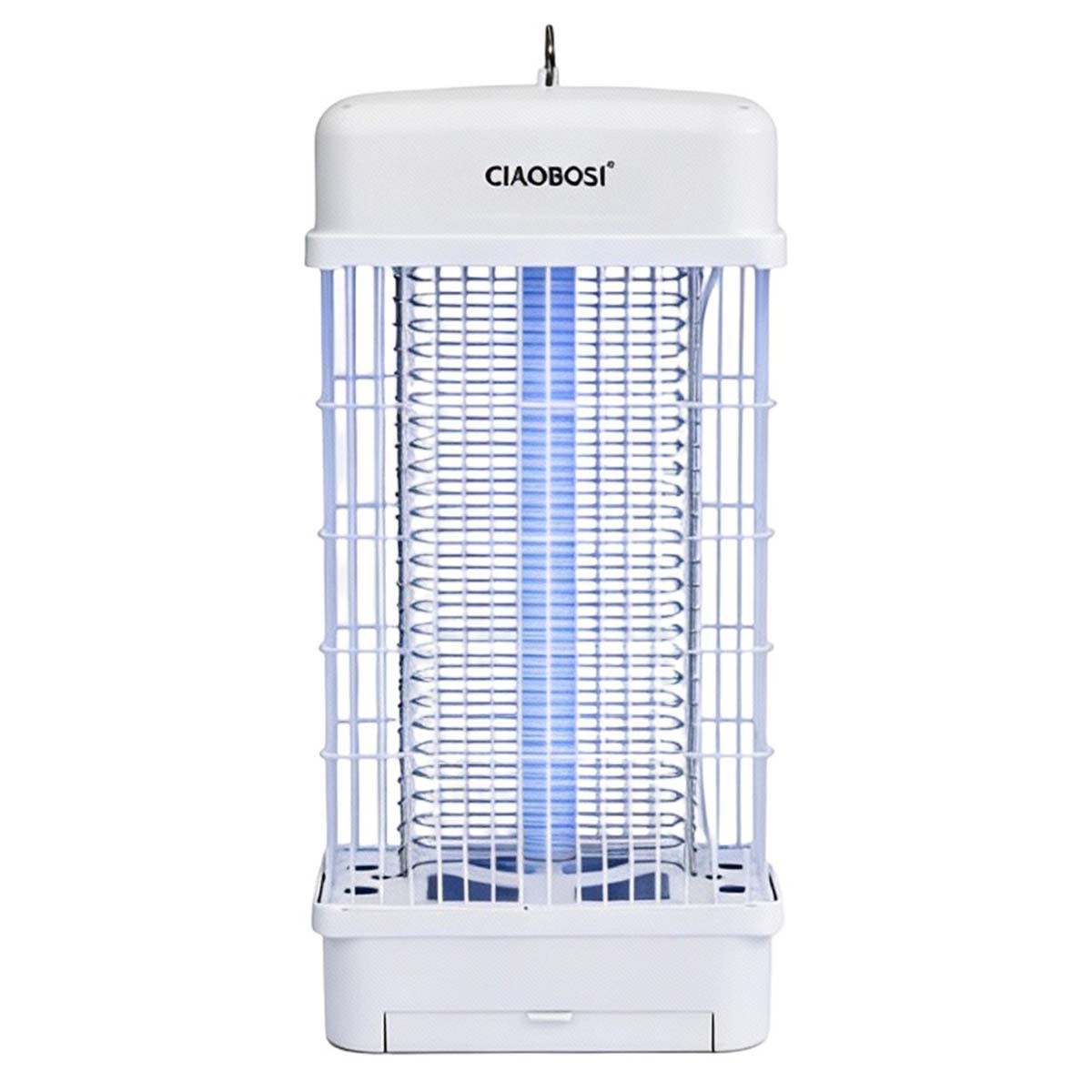 Ein weißer elektrischer Insektenvernichter mit blauer UV-Lampe und Gitter.