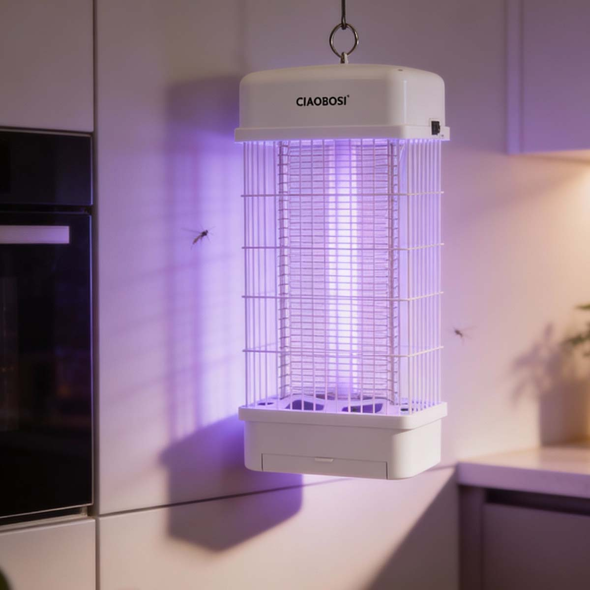 Insektenvernichter mit UV-Licht in einer Küche, zwei Mücken in der Nähe.
