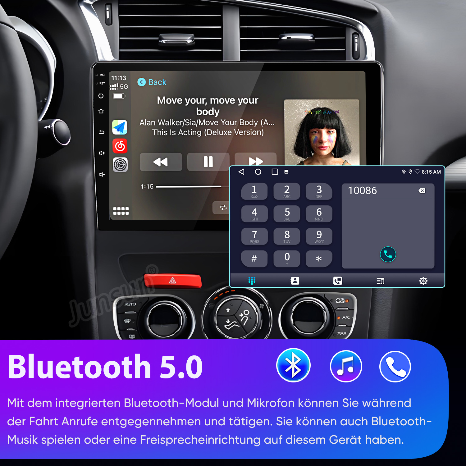 Ein Autoradio mit Touchscreen zeigt Musik- und Telefonfunktionen.