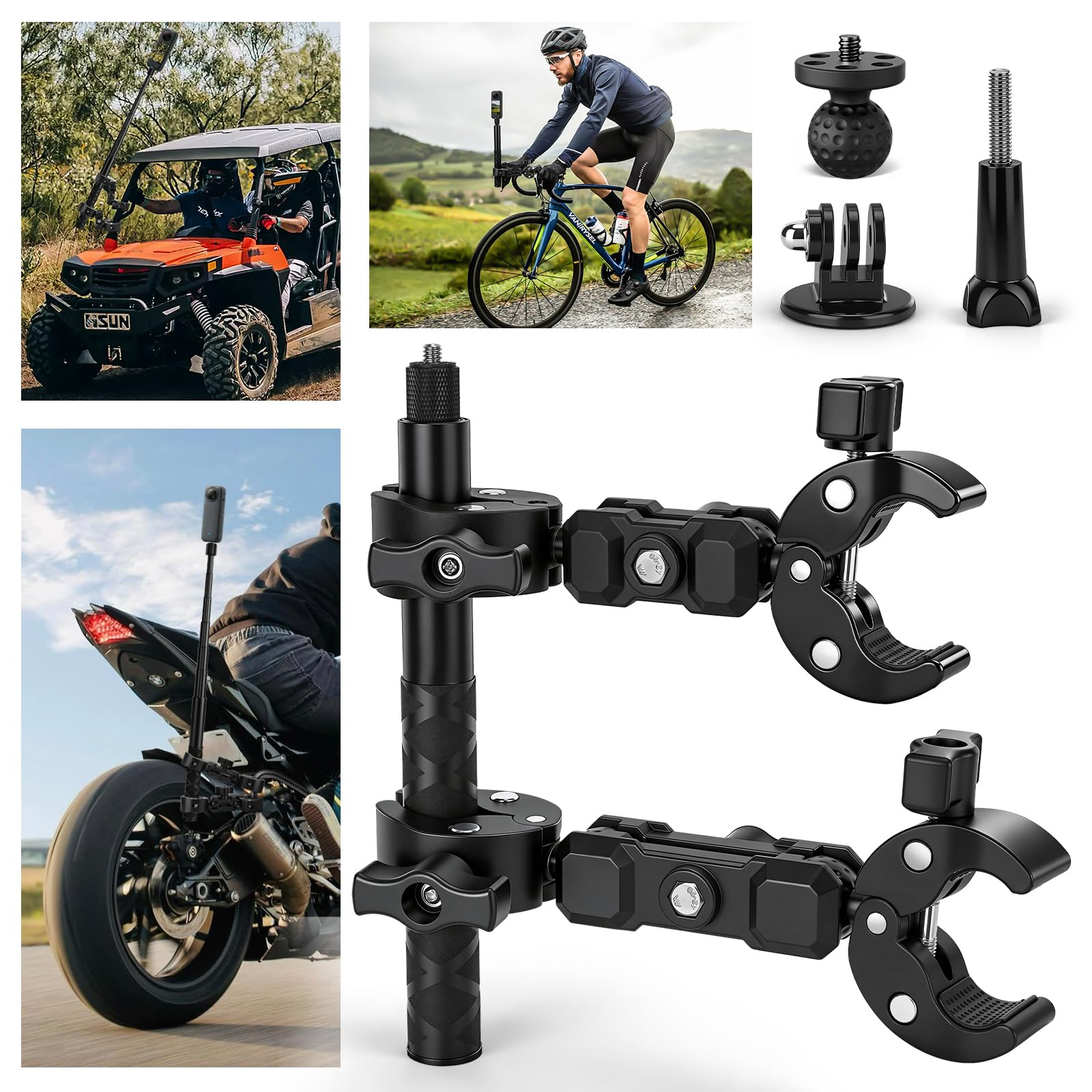 Ein Mann auf einem Fahrrad, ein orangefarbener Geländewagen, ein Motorrad und Zubehör für Kameras.
