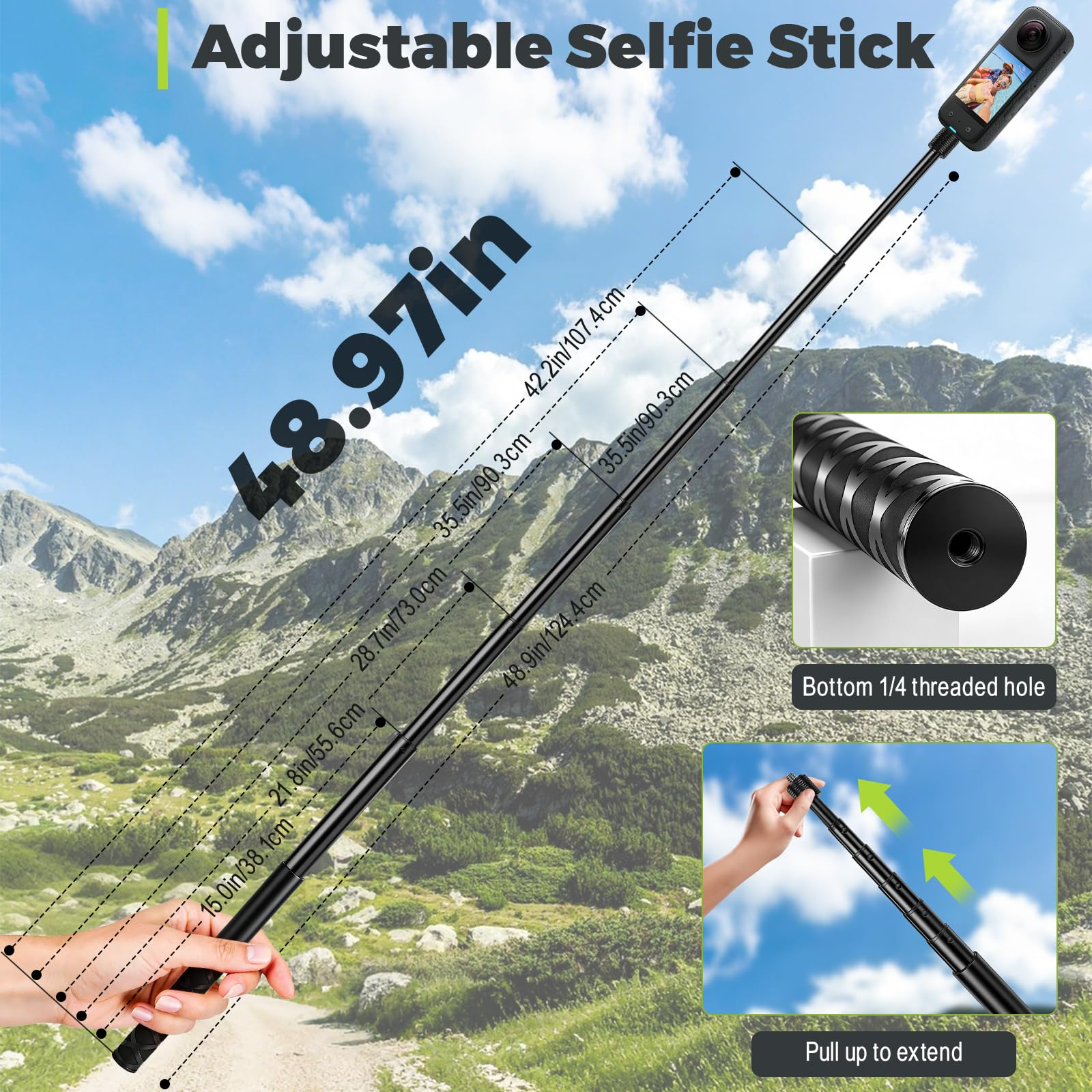 Verstellbarer Selfie-Stick mit Maßen und Bergen im Hintergrund.