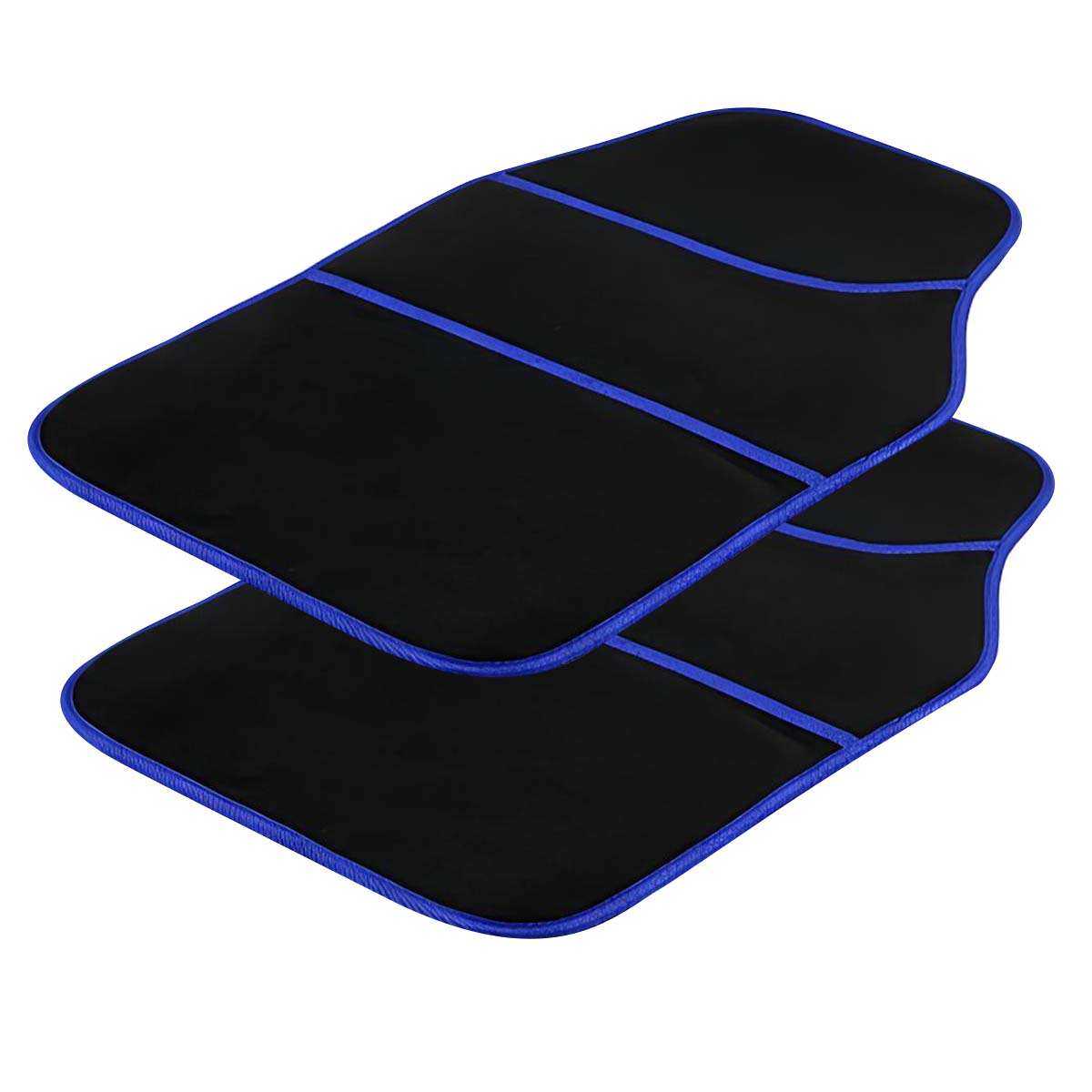 Zwei schwarze Fußmatten mit blauer Umrandung und Nähten liegen übereinander.