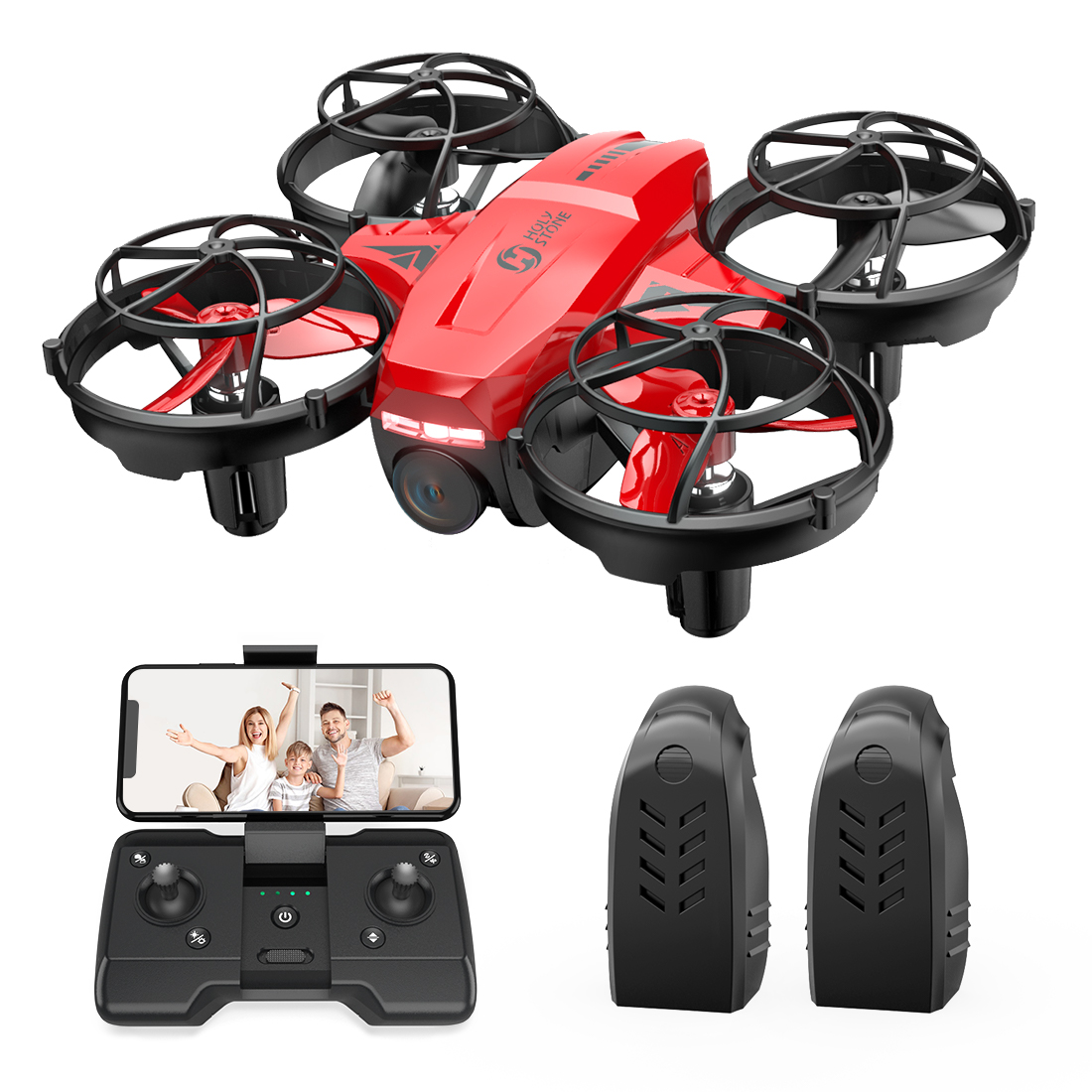 Rote Drohne mit Kamera, Controller mit Telefon, das Familie zeigt, und zwei Ersatzakkus.
