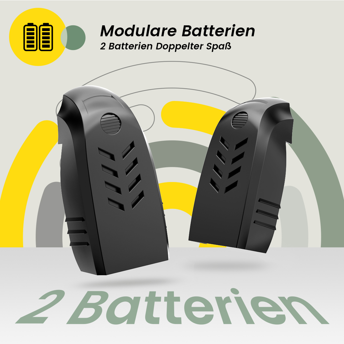 Zwei schwarze Batterien mit Lüftungsschlitzen vor einem bunten Hintergrund.