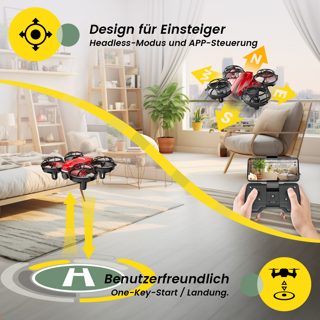 Ein roter und schwarzer Mini-Drone-Controller mit App-Steuerung.