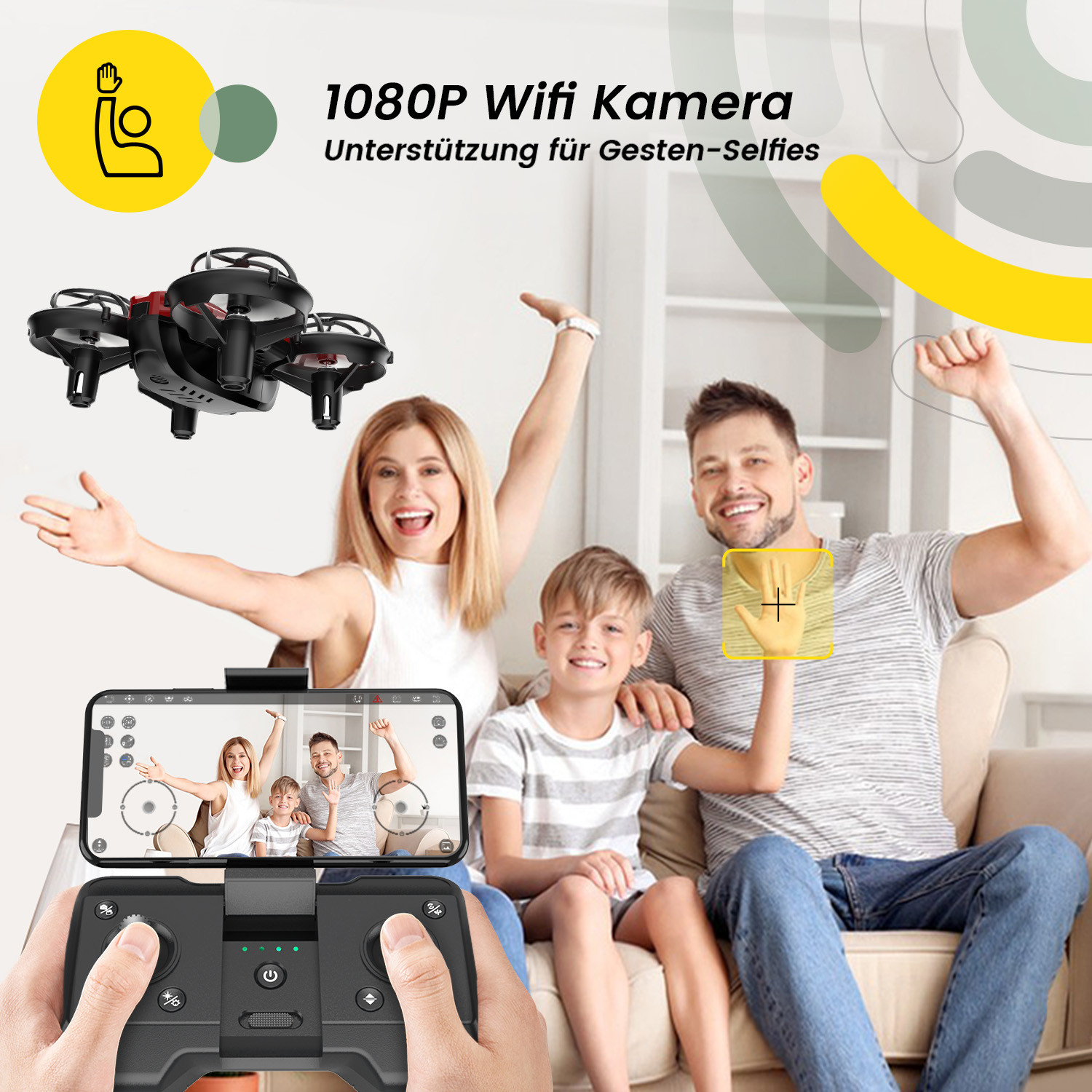 Eine Familie spielt mit einer Drohne und einem Controller, die auf einem Handy zu sehen ist.