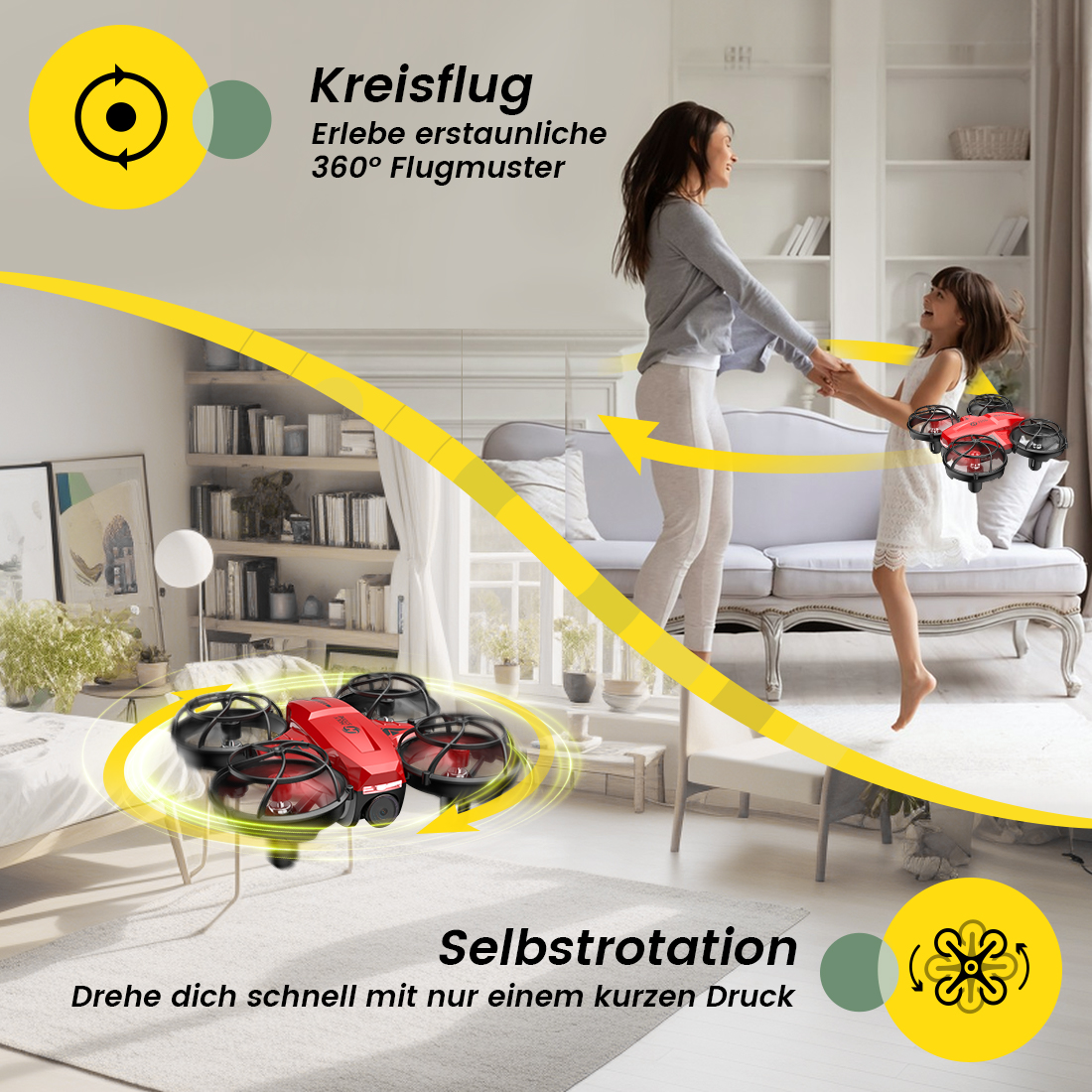Mutter und Kind tanzen, Drohnen fliegen im Wohnzimmer. Kreisflug & Selbstrotation.