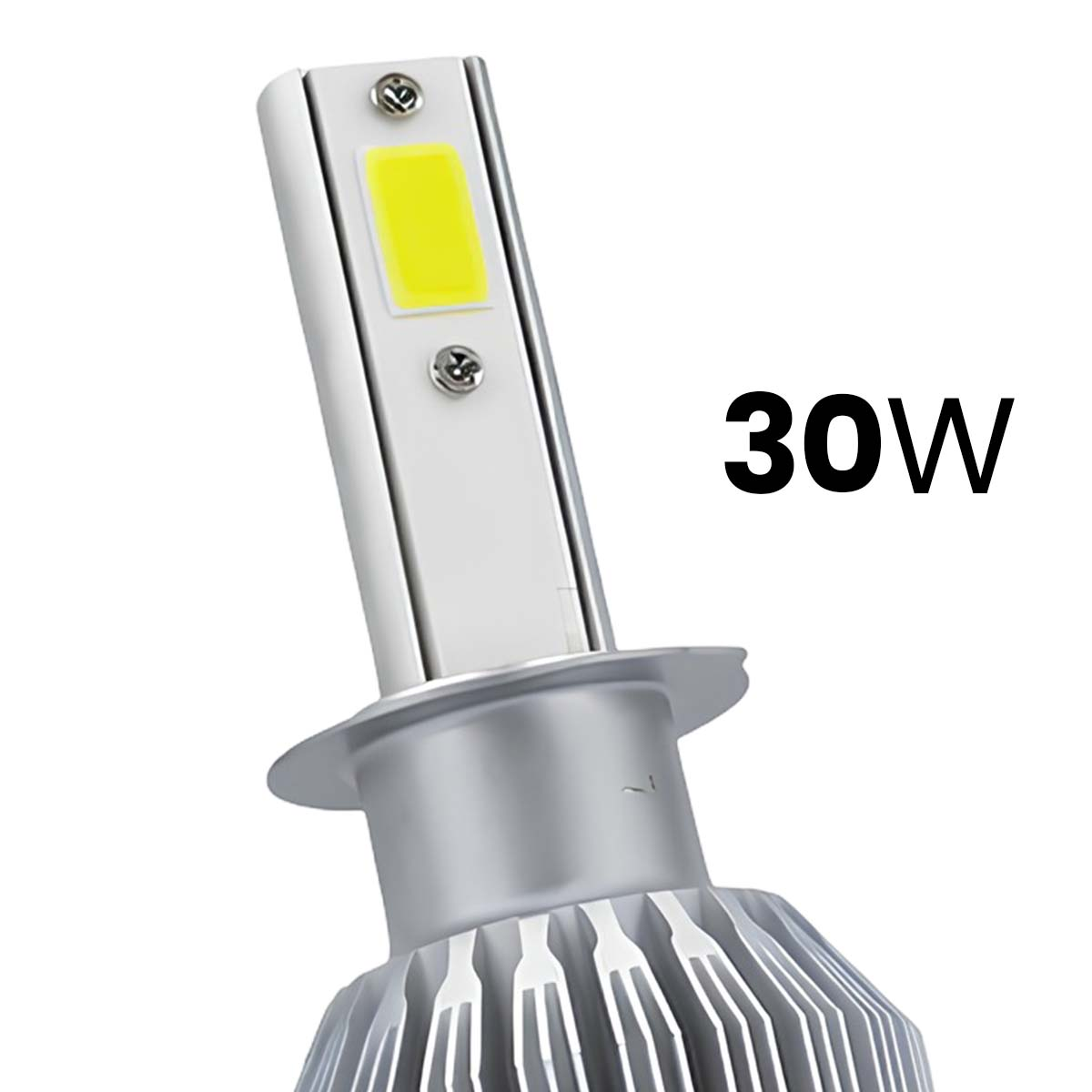Eine 30W LED-Lampe mit silbernem Kühlkörper und gelbem Lichtchip.