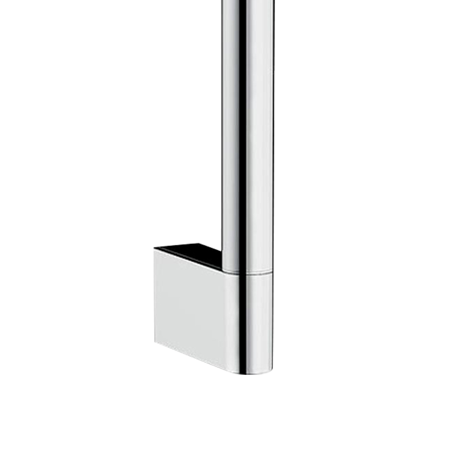 Ein glänzender Metallgriff mit einem eckigen Sockel.