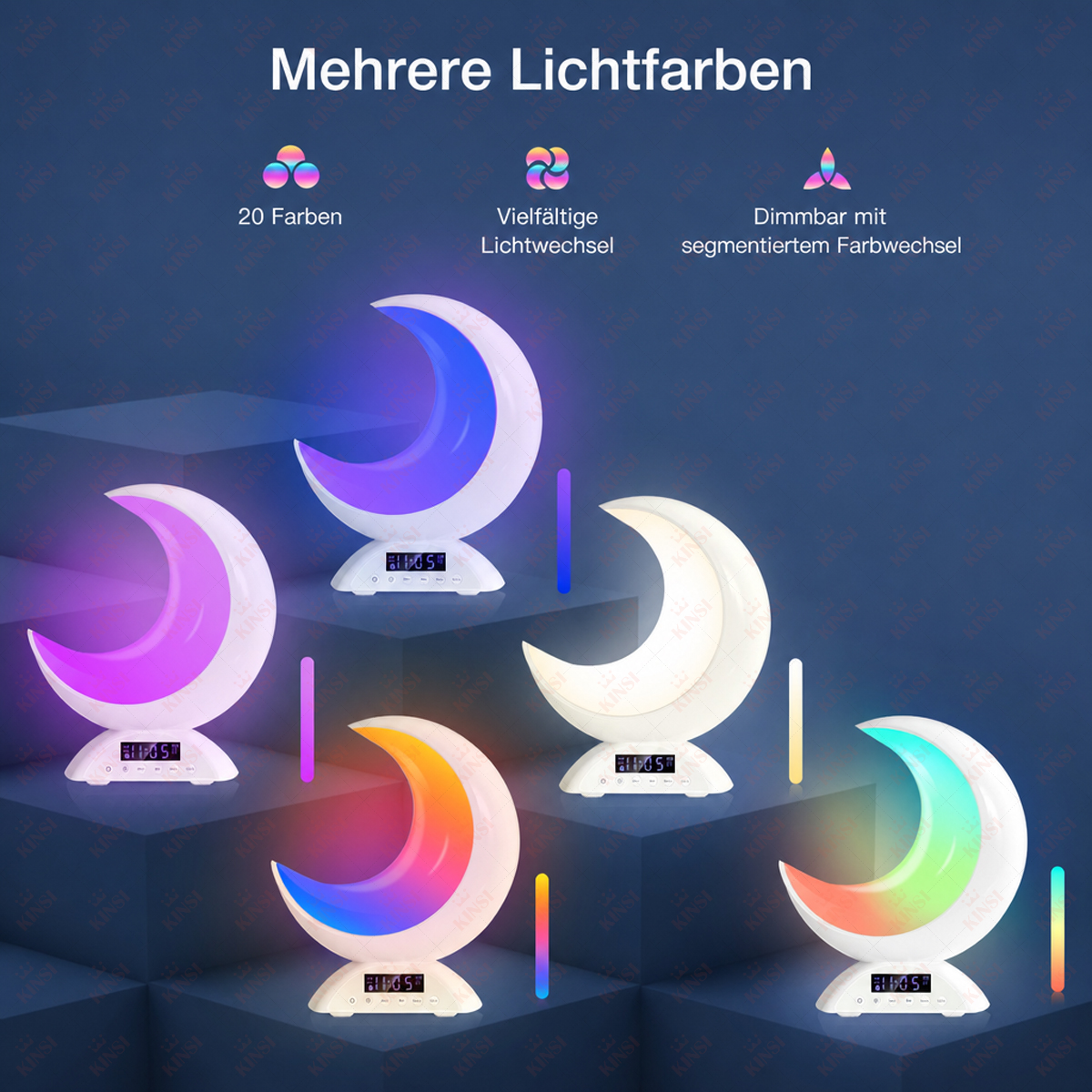 Vier Mondlampen mit digitaler Uhr, die verschiedene Farben und Lichteffekte zeigen.