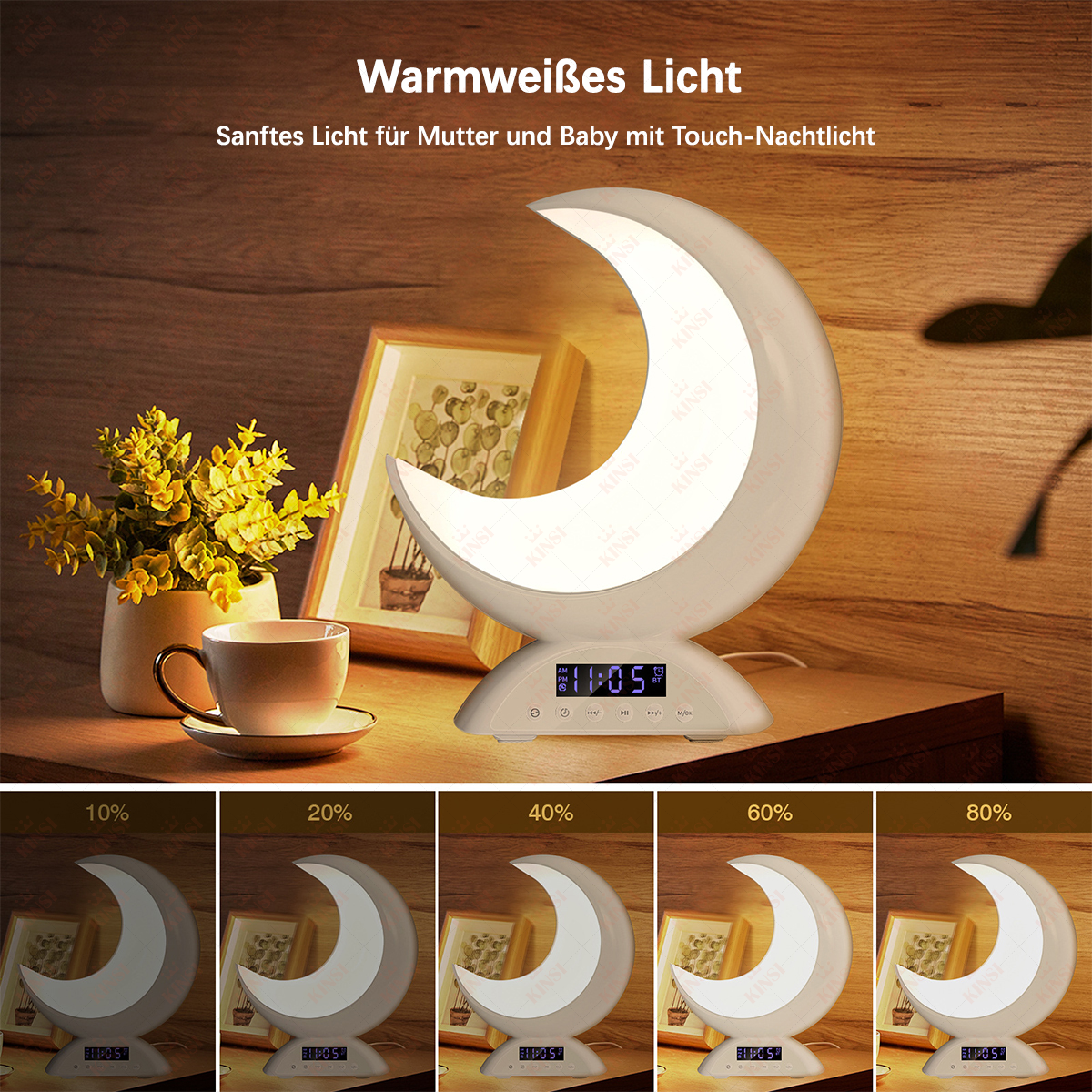 Mondlampe mit Uhr, daneben eine Tasse und Blumen. Unten sind Helligkeitsstufen.