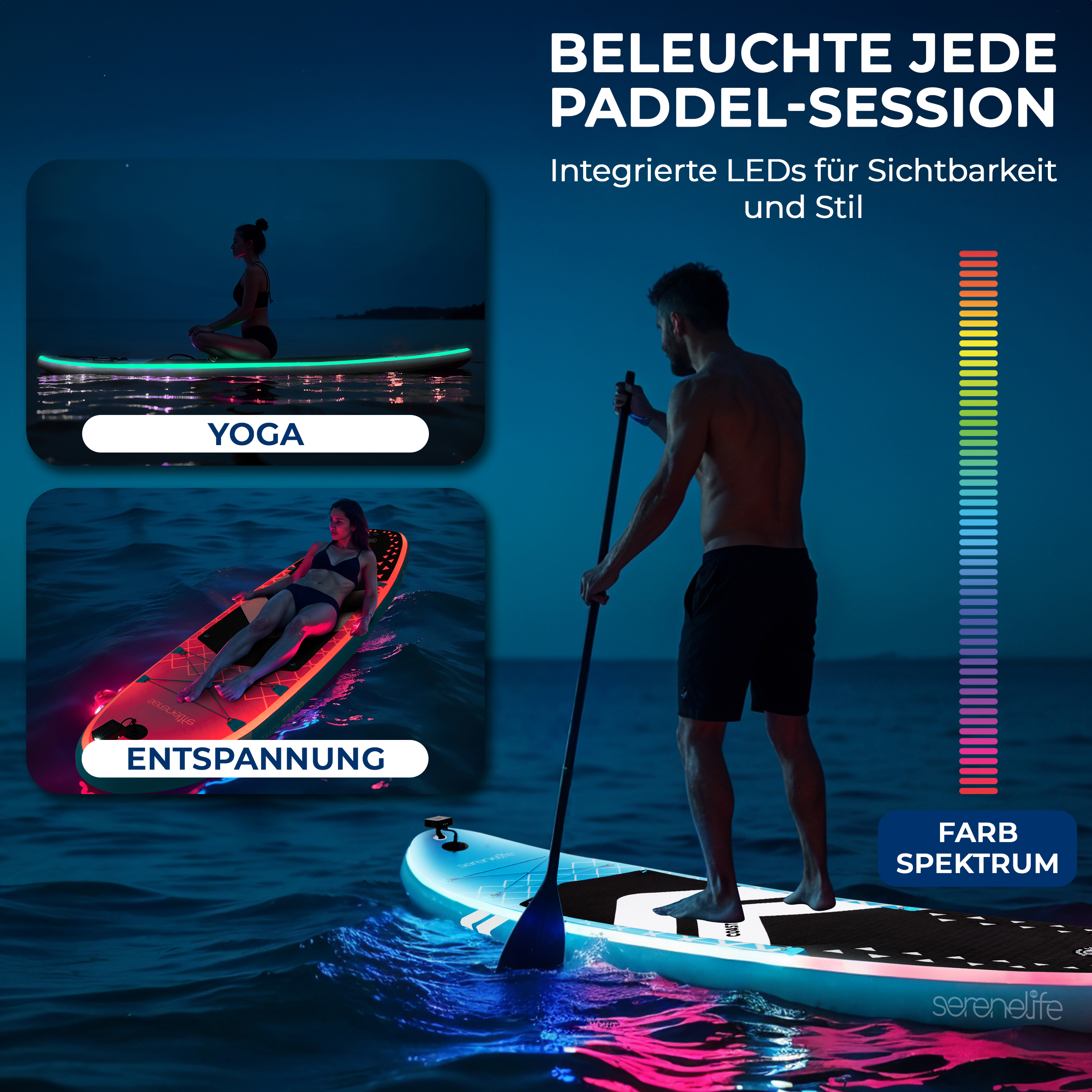 Mann paddelt auf beleuchtetem SUP bei Nacht. Farbige LEDs leuchten auf dem Wasser.