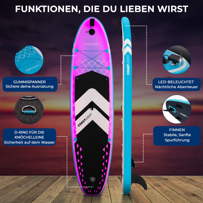 Ein aufblasbares Stand-Up-Paddleboard mit LED-Beleuchtung und Zubehör.