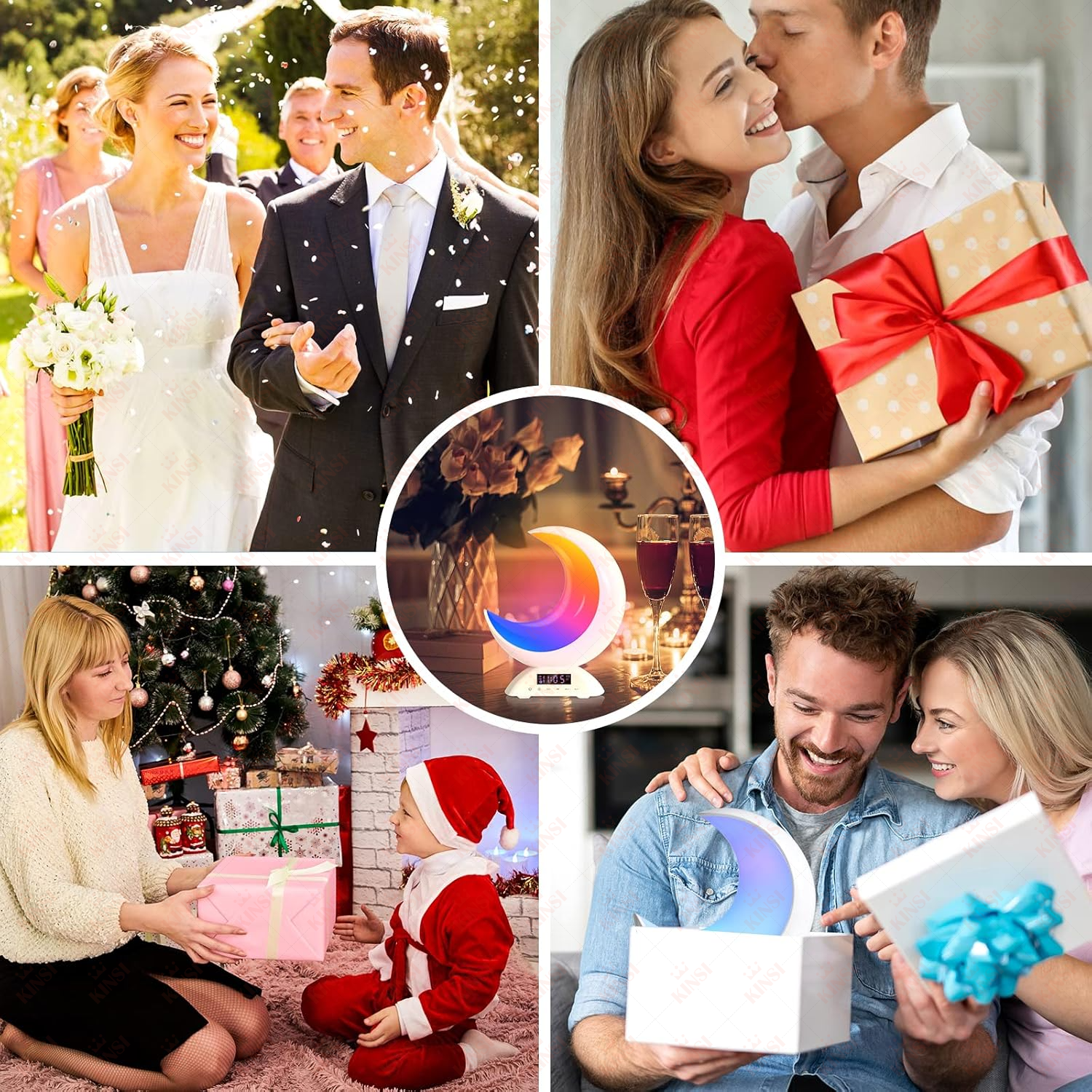 Collage aus Hochzeits-, Geschenke-, Weihnachts- und Paarszenen.